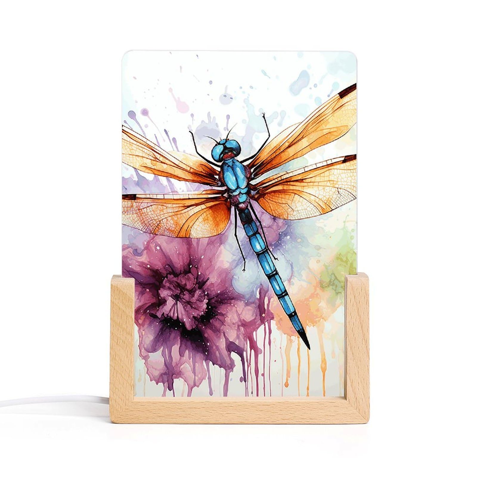 JTREHY Acrylic Night Light,Dragonfly Watercolor Painting Printed Wooden Base LED Night Light Modern Home Decoration Light with USB Switch Cable for Bar Cafe Bedroom Room Decoration