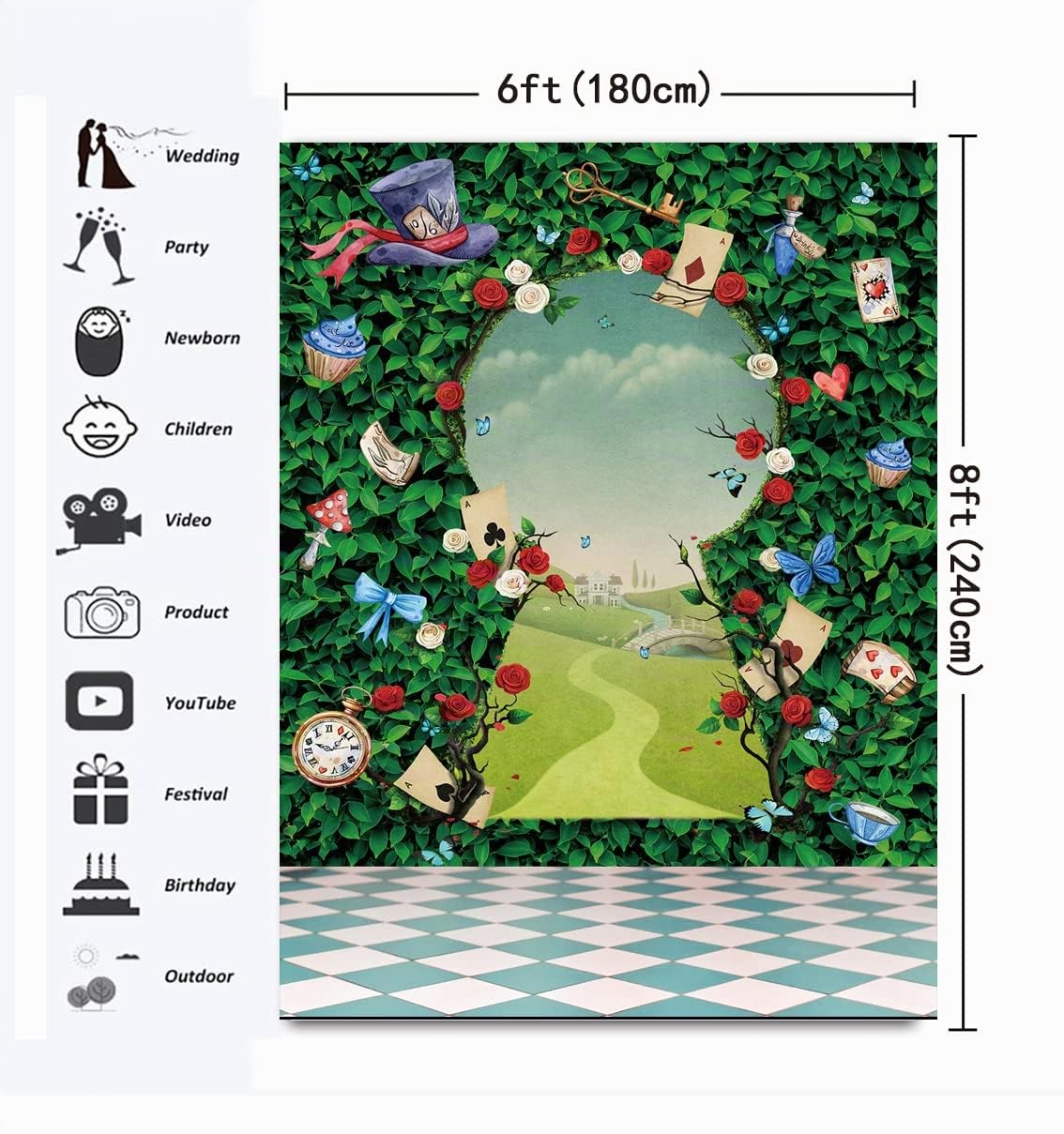 Wonderland - Toile de fond pour fête de thé - Motif feuilles vertes - Rose - Chapeau magique - Décoration d'anniversaire pour fille - 1,8 x 2,4 m