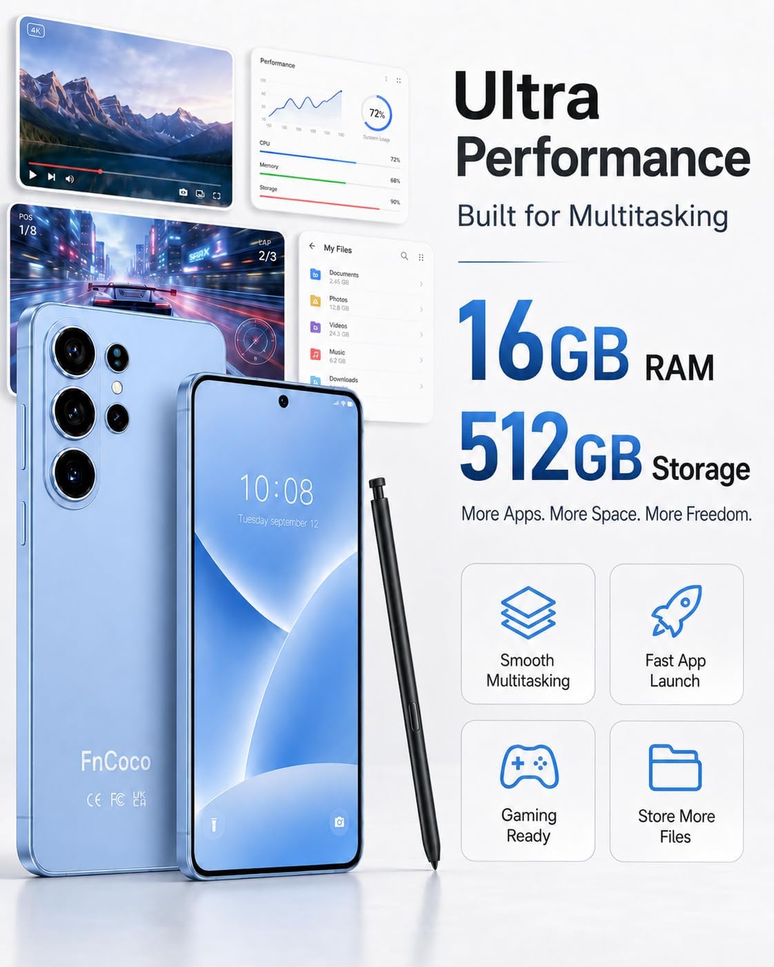 I26 Ultra 5G Unlocked Cell Phones, Build in Pen,16GB+512GB Octa Core Smartphone,Android 16 Phones, 6.9“ HD +120 Hz Screen, 7000mAh Battery, Dual SIM, Face Unlock-Blue thumbnail