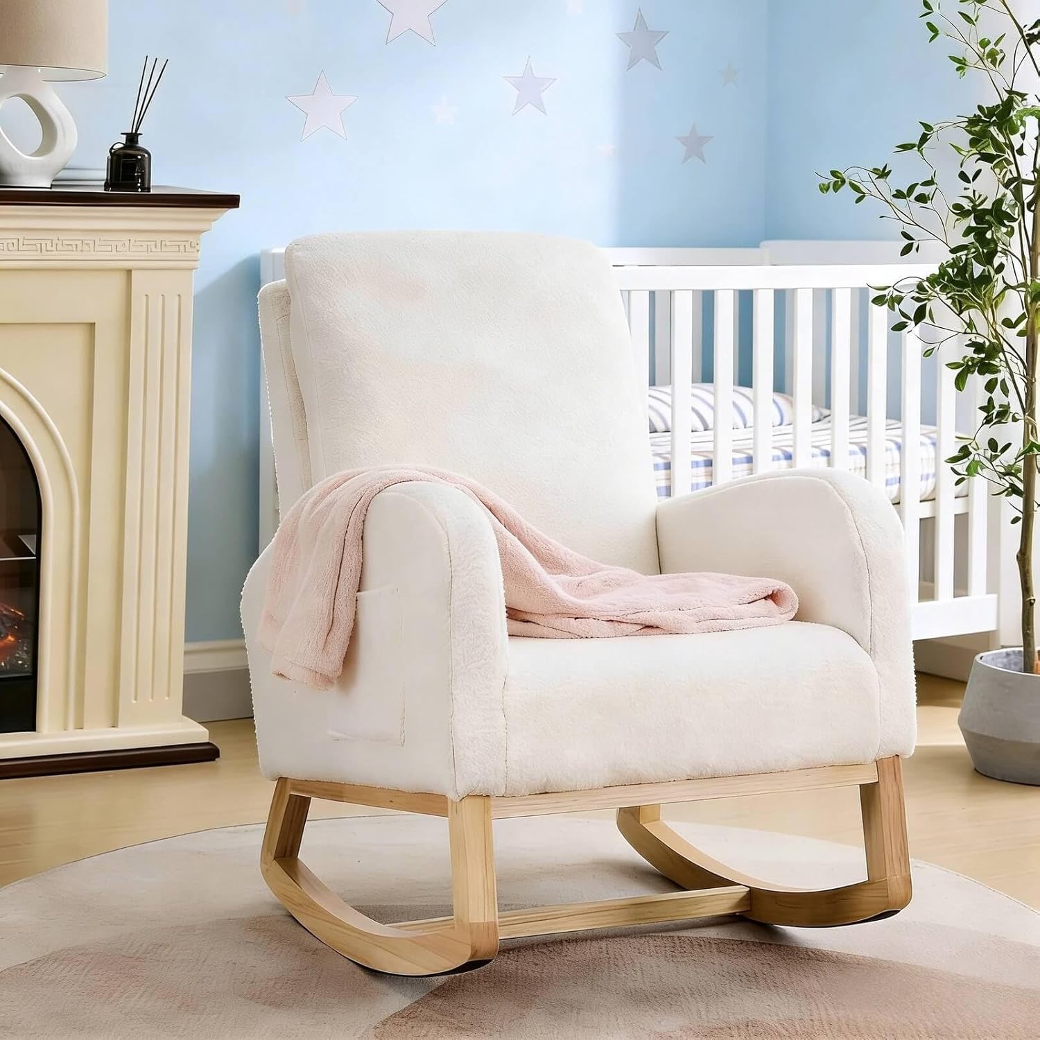 Yowan & Sillan 27.2" W Rocking Chair Nursery - Sherpa Upholstered High Back Glider with Side Pocket, Rocking Accent Armchair with Solid Rubber Wood Legs for Living Room, Bedroom & Nursery (Ivory)