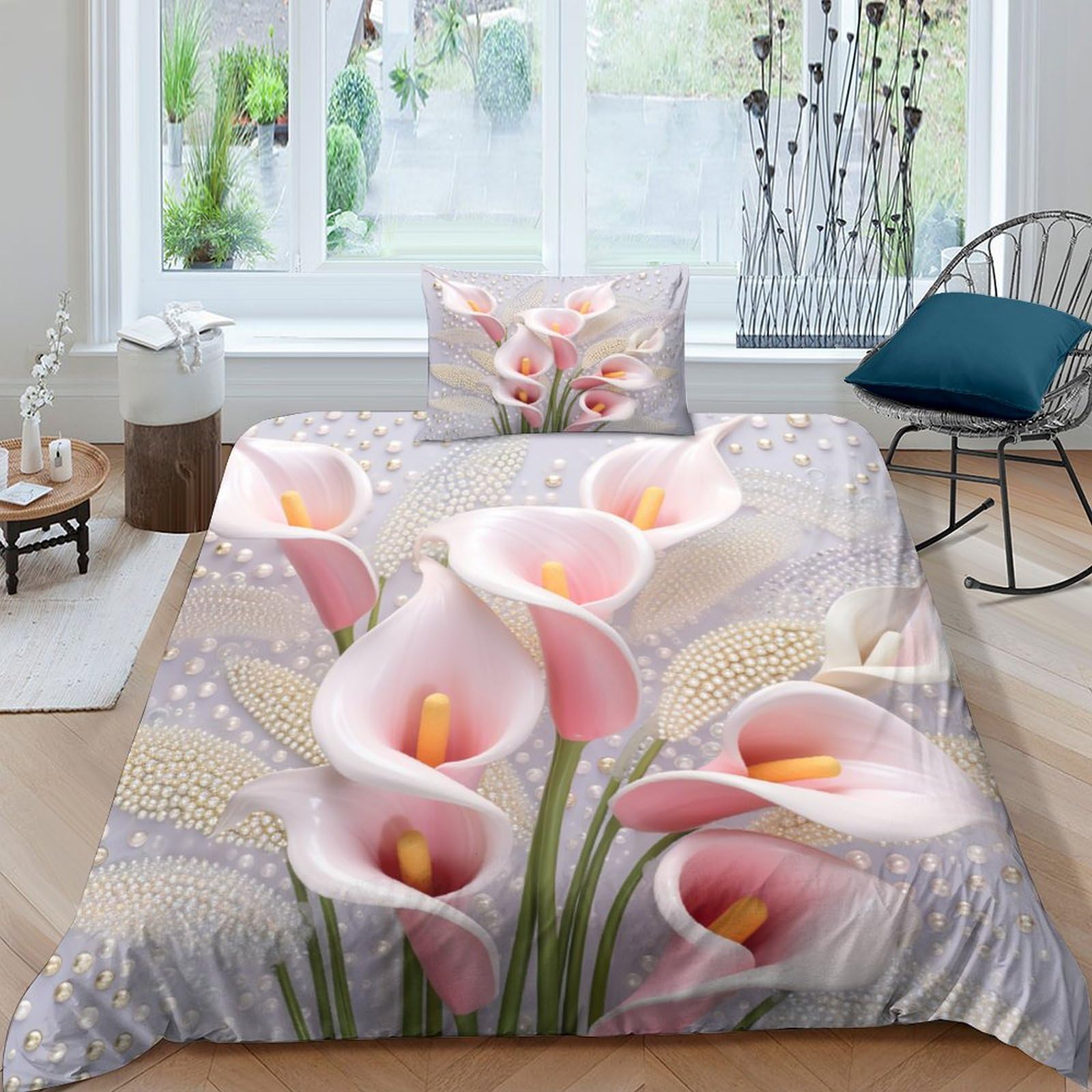 Housse de couette 135x200 avec taies d'oreiller zippées motif lys Calla