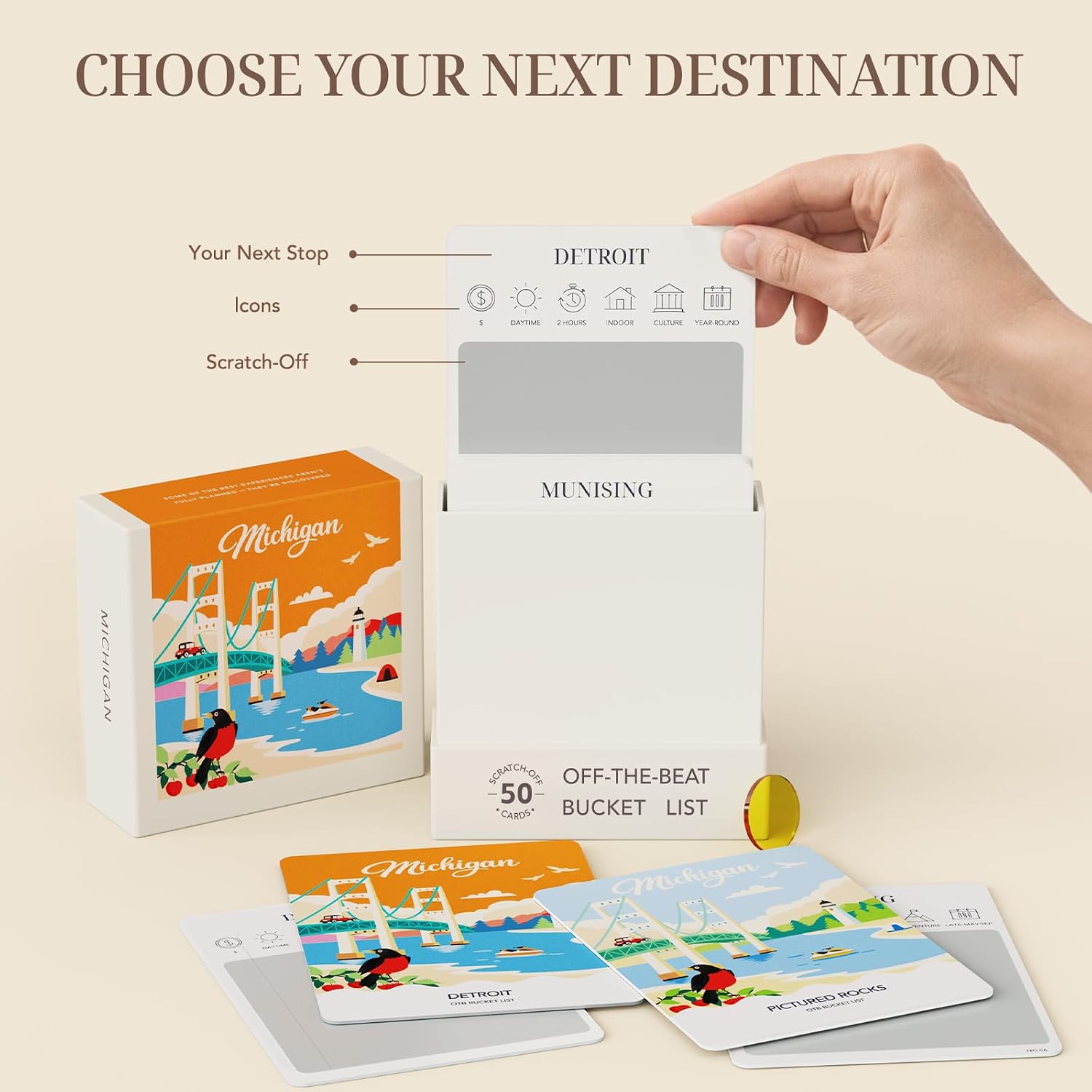 Adventure Bucket List Michigan – 50 Scratch Off Adventure Bucket List Cards with Classic, Hidden Gems & Seasonal Experiences, Off-the-Beat Bucket List Box, a Michigan Local Travel Gift