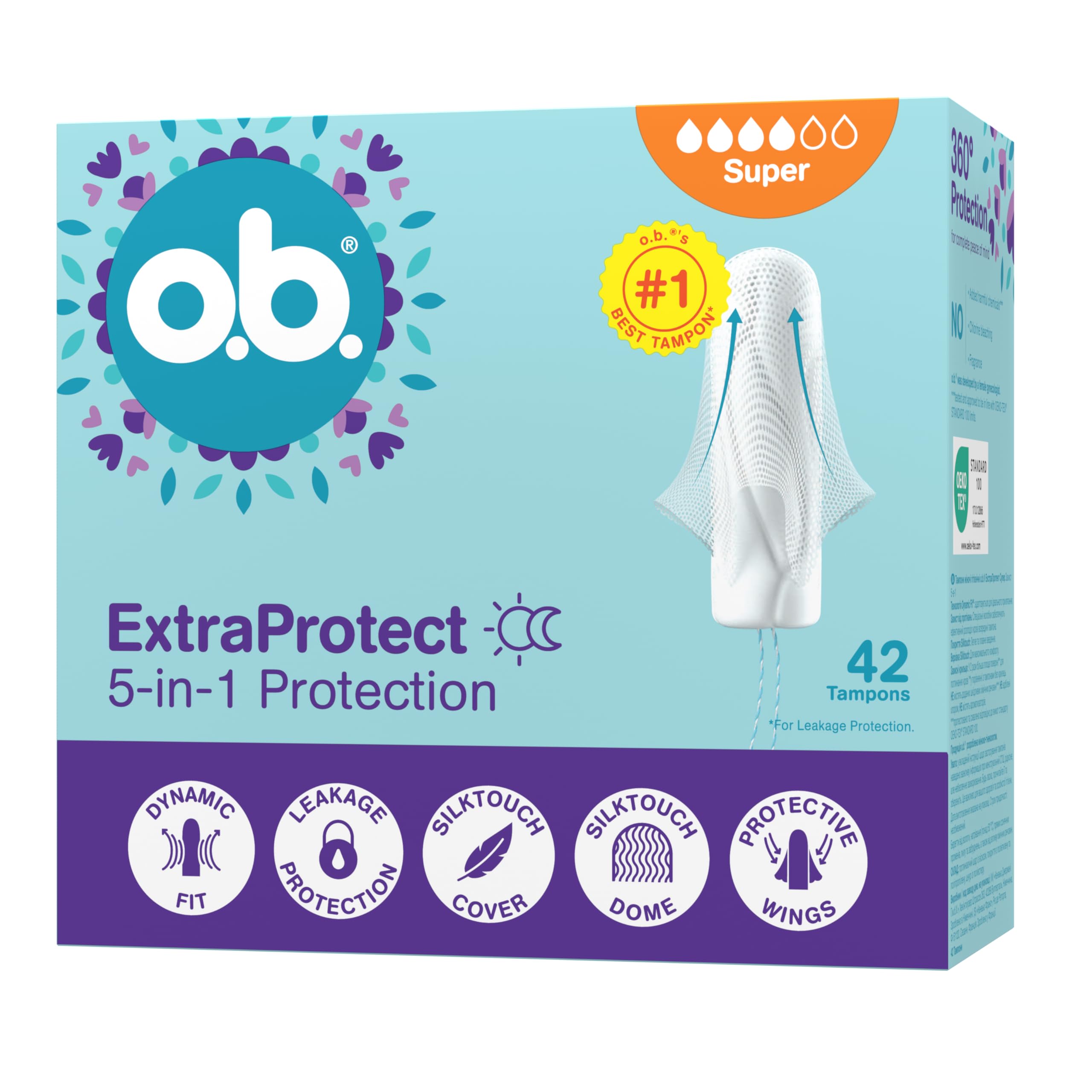 o.b. ExtraProtect Super Tampony 42 szt. NOWOŚĆ, dodatkowe skrzydełka zabezpieczające, do 100% ochrony przed przeciekaniem w dzień i w nocy, na obfite krwawienie, duże opakowanie