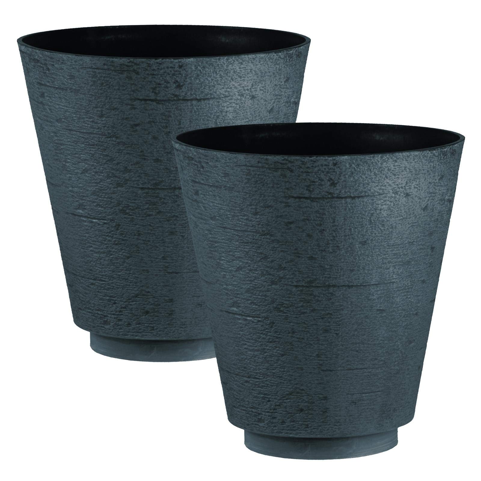 Hudson Textured Effect Plastic Planter - Grey/Black, Set of 2 - Suitable for Indoor or Outdoor Use - 35.5cm (H) x 33cm (Dia)