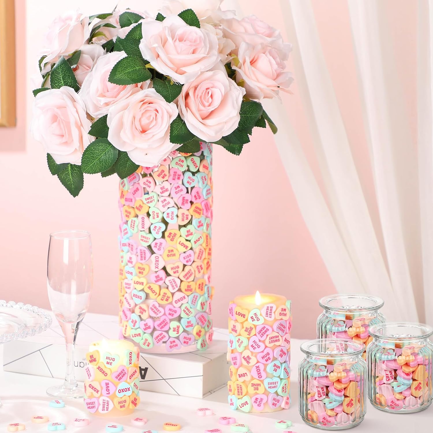 WinnerWhy 200 Pcs Conversation Hearts Vase Filler Resin for Candle Filler Candle Holder Floating Candles Candy Heart Centerpiece for Wedding Decor Macaron Color