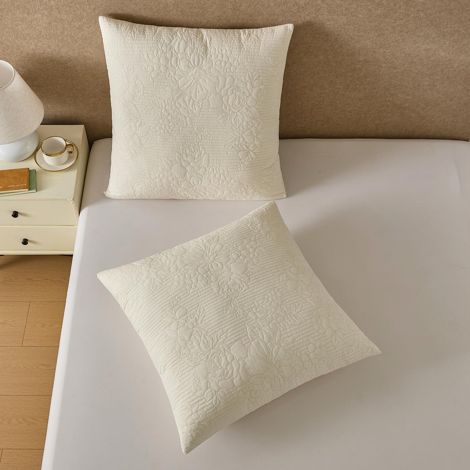 YINFUNG Quilted Euro Shams Set of 2 Ivory Cream 26x26 European Pillow Covers Floral Embroidered Cotton Country French Decorative Large Pillowcases for Bed Sofa Embossed Matelasse