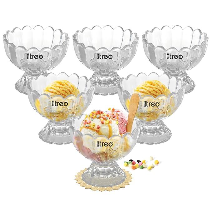 Treo by Milton Floral Glass Dessert Bowls | Wide Mouth for Easy Serving | Perfect for Sundaes, Ice Cream & Layered Desserts | Ideal for Cafes, Parties & Home | Set of 6, 150 ml Each