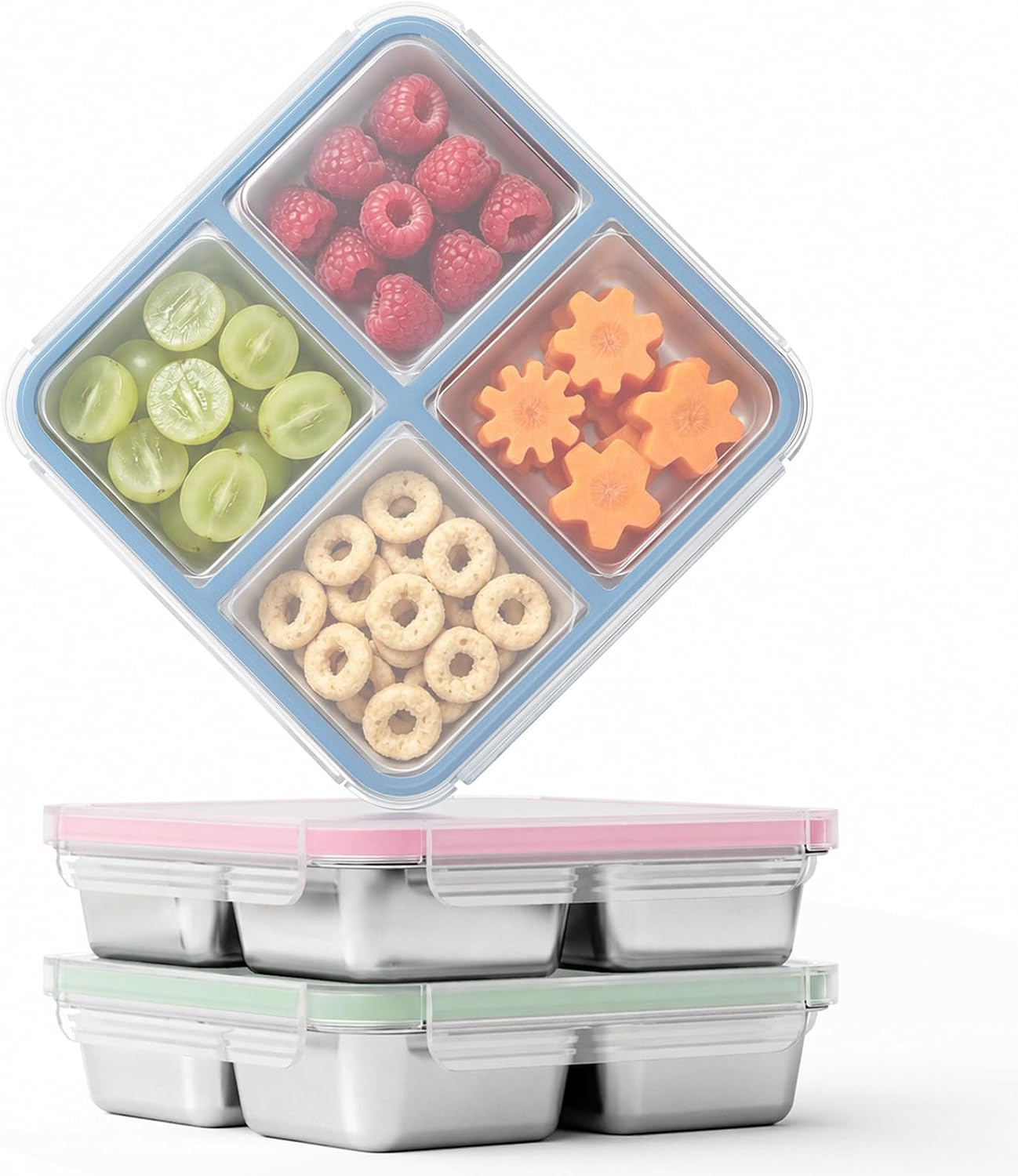 Bakpoco 3 Pack Stainless Steel Snack Containers, 4 Compartment Metal Snack Containers with Lid, Compact Food Storage Box Containers For Lunch & Snacks