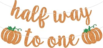 Orange Glitter Half Way to One Banner, Pumpkin Themed Babys Half Birthday Party Decorations, Autumn Fall Maple Leaves Baby Shower Babys Half Birthday Party Decorations Sign