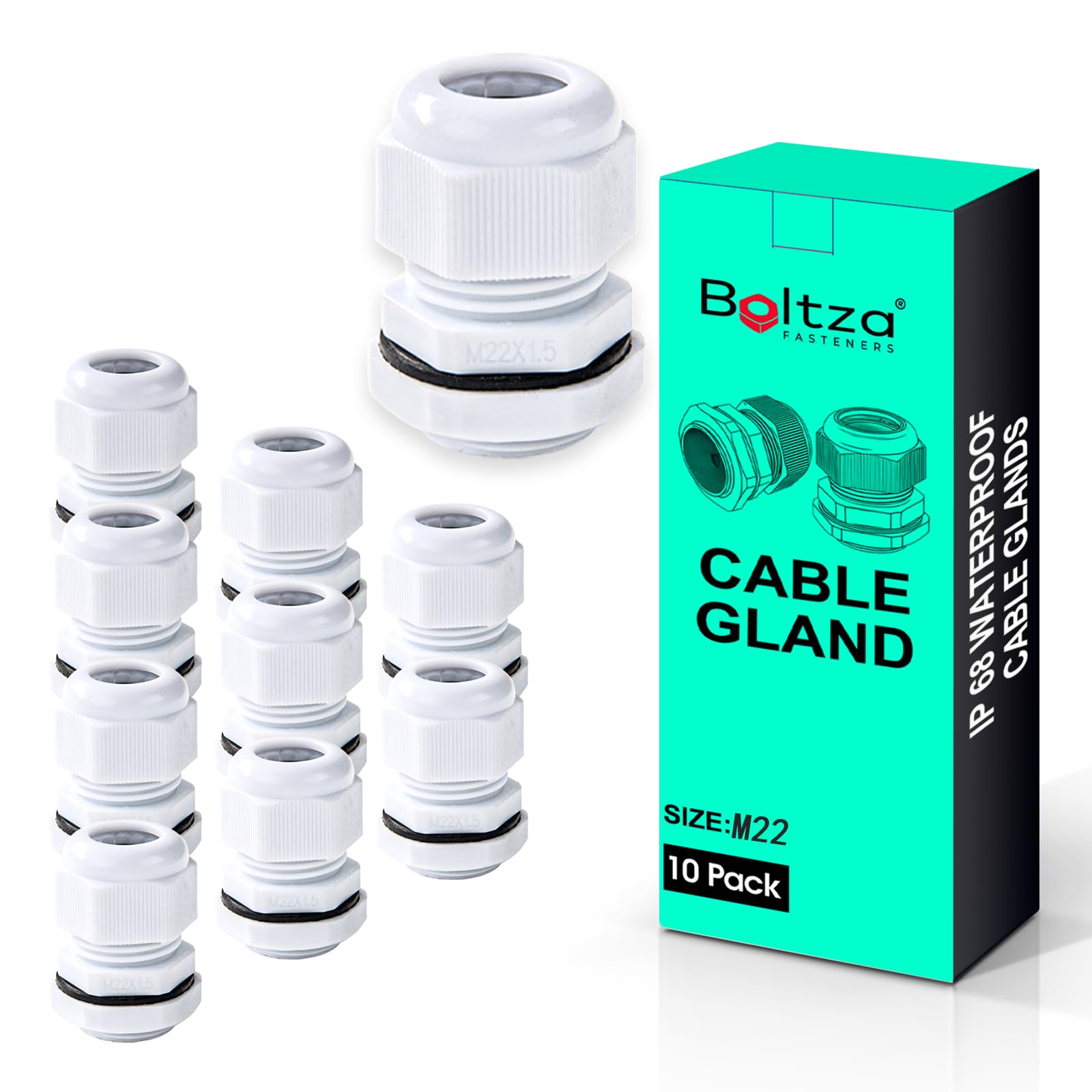 Boltza® White Nylon Cable Gland – IP68 Waterproof Cable Connector for Electrical Enclosures, Junction Boxes, Outdoor Use – Conduit Gland – 10 Pack (M22)