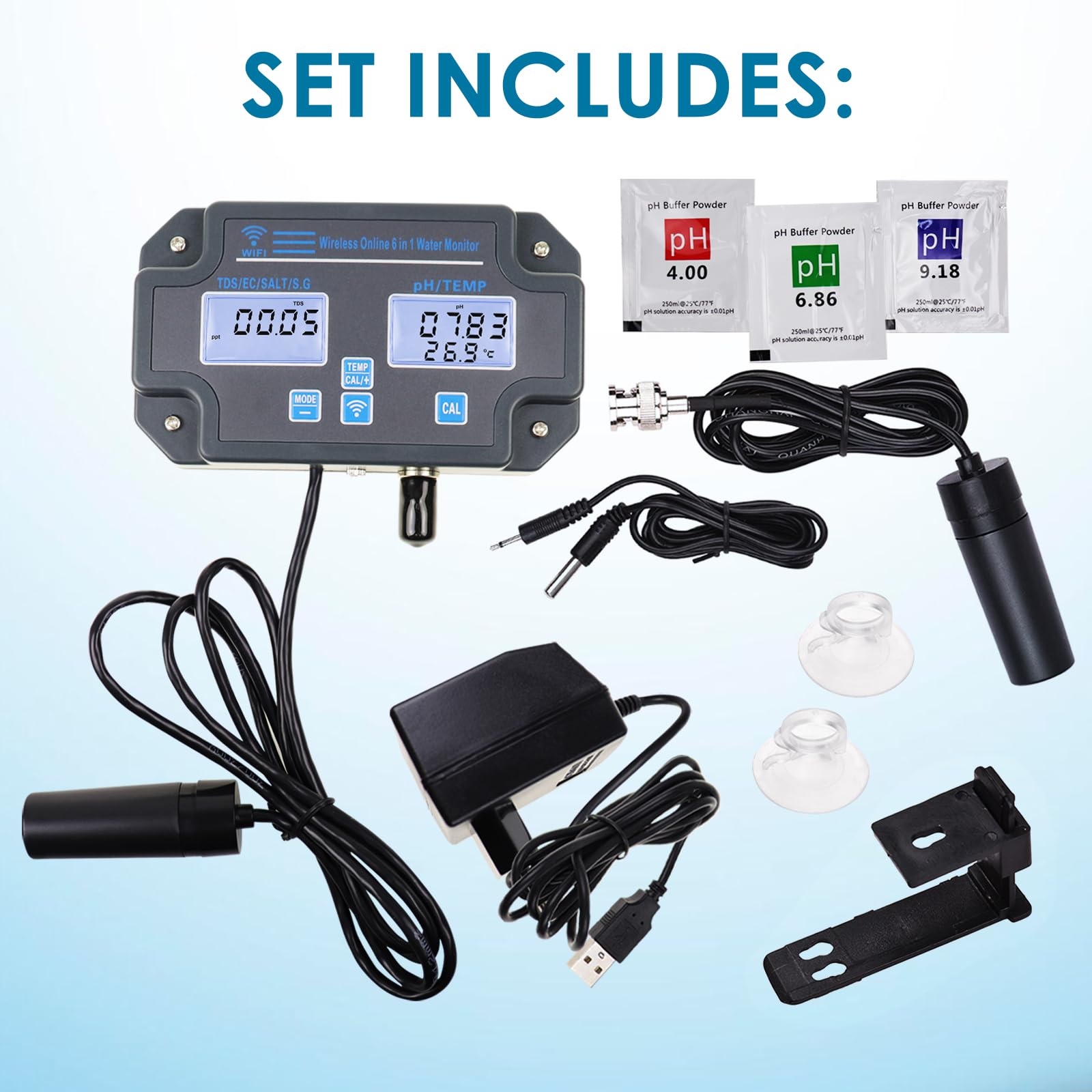 Probador inteligente de calidad del agua 6 en 1 con monitoreo Wi-Fi, pH, EC, TDS, sal, SG, temperatura, controlado por aplicación, alertas en tiempo real, calibración, diseño de ahorro de espacio para