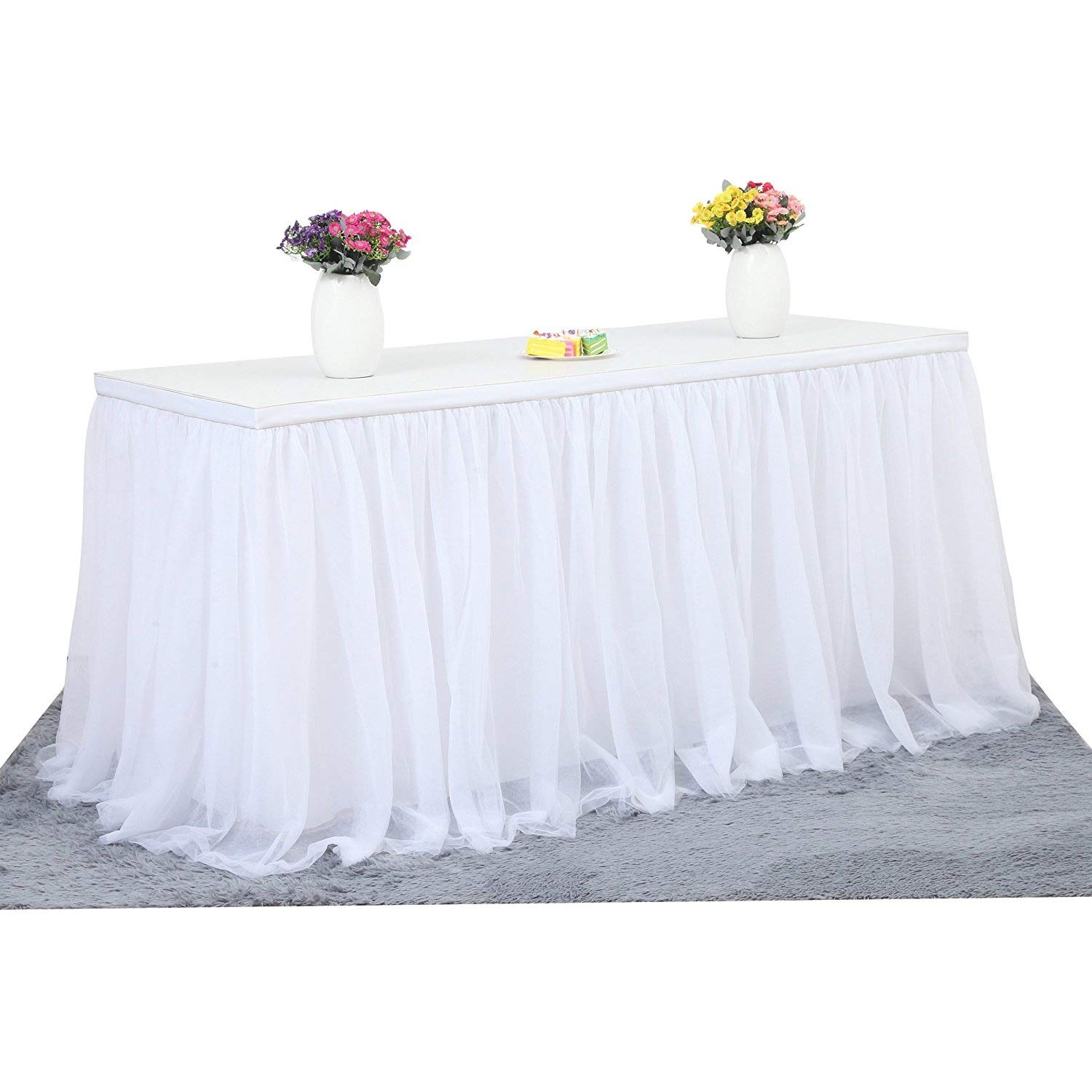 Photo 1 of Suppromo 9ft White Table Skirt Tulle Tutu Table Skirt for Rectangle Tables White Ruffle Table Cloth for Wedding Bridal Shower Baby Shower Baptism Birthday Party Banquet Decoration(L9(ft) H 30in)