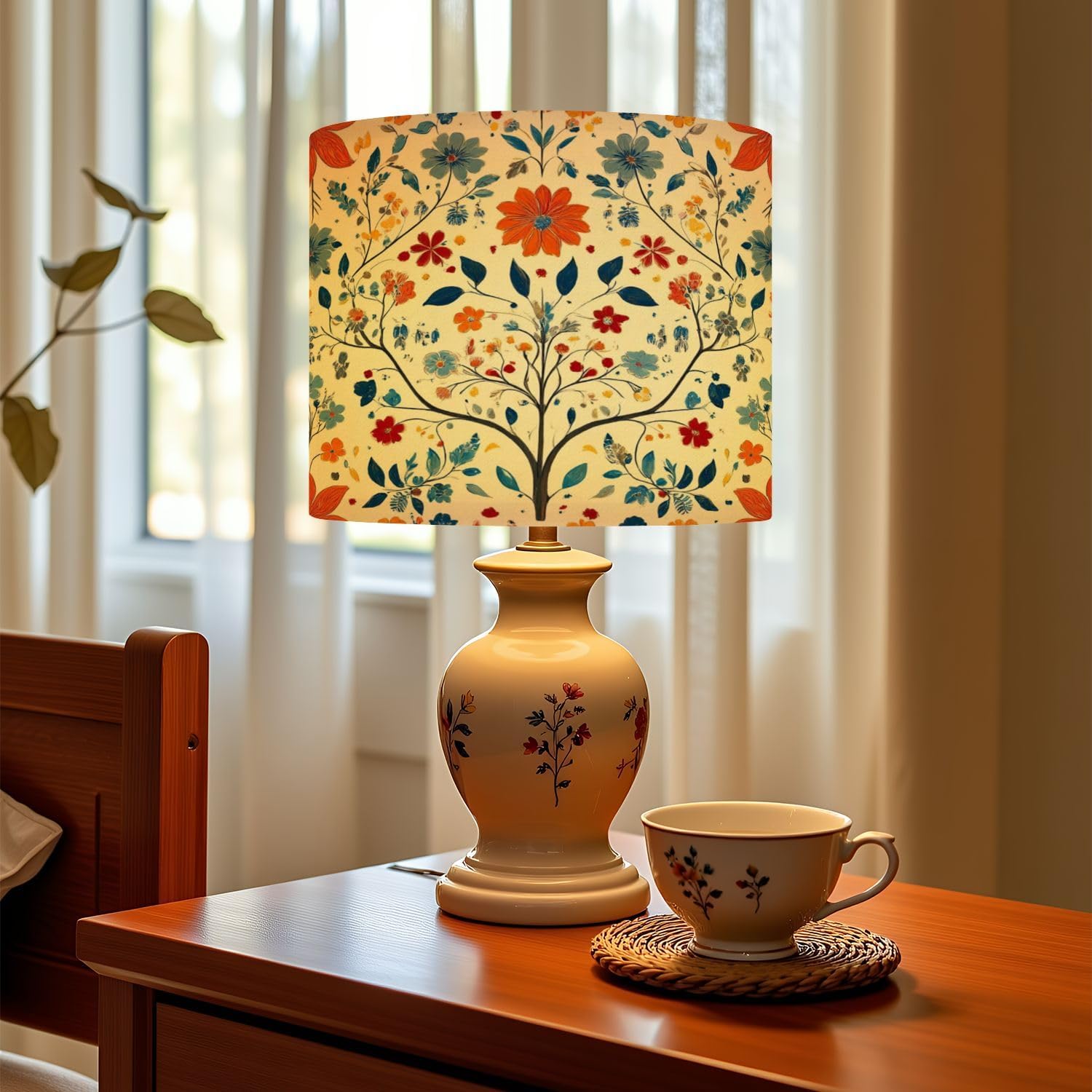 Linen Drum Lamp Shades 1 Pack, 13''Wx10"H, Floral Orange Red Blue Yellow Flowers Beige Replacement Lampshades for Floor Lamps Table Lamps Modern Farmhouse Lampshade Easy Assembly
