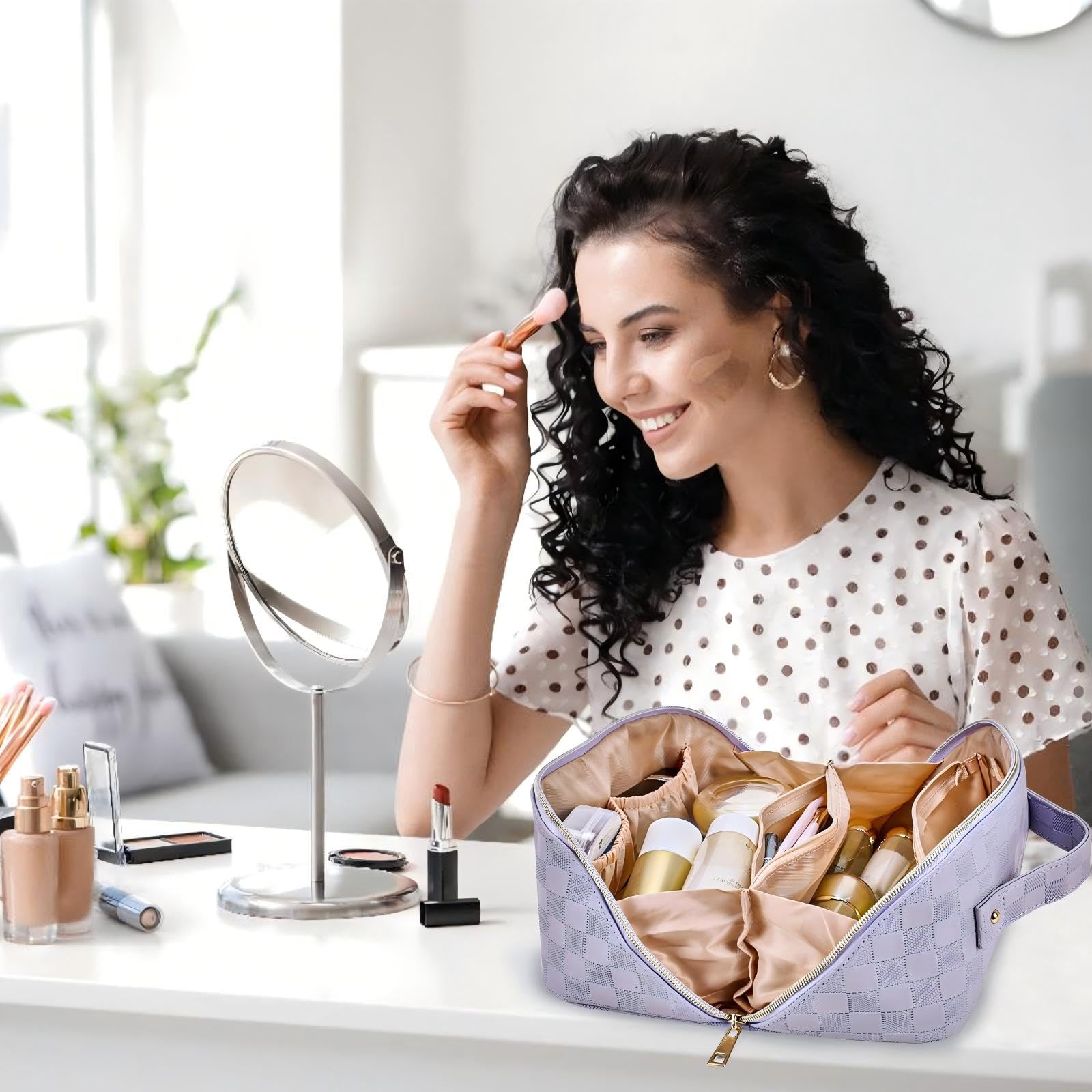 Borsa Cosmetica da Viaggio Beauty Case Da Viaggio Donna Impermeabile Portatile,Beauty Case Donna Di Grande Capacità Con Scomparti (Viola Chiaro)
