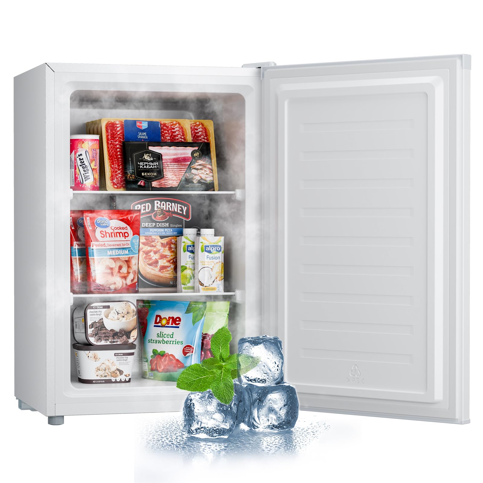 Congelador vertical pequeño Upstreman de 3.0 pies cúbicos con puerta reversible, enfriamiento rápido, 5 termostatos ajustables, congeladores verticales con bandejas de hielo, herramientas de descongelación para el hogar y el dormitorio, color blanco