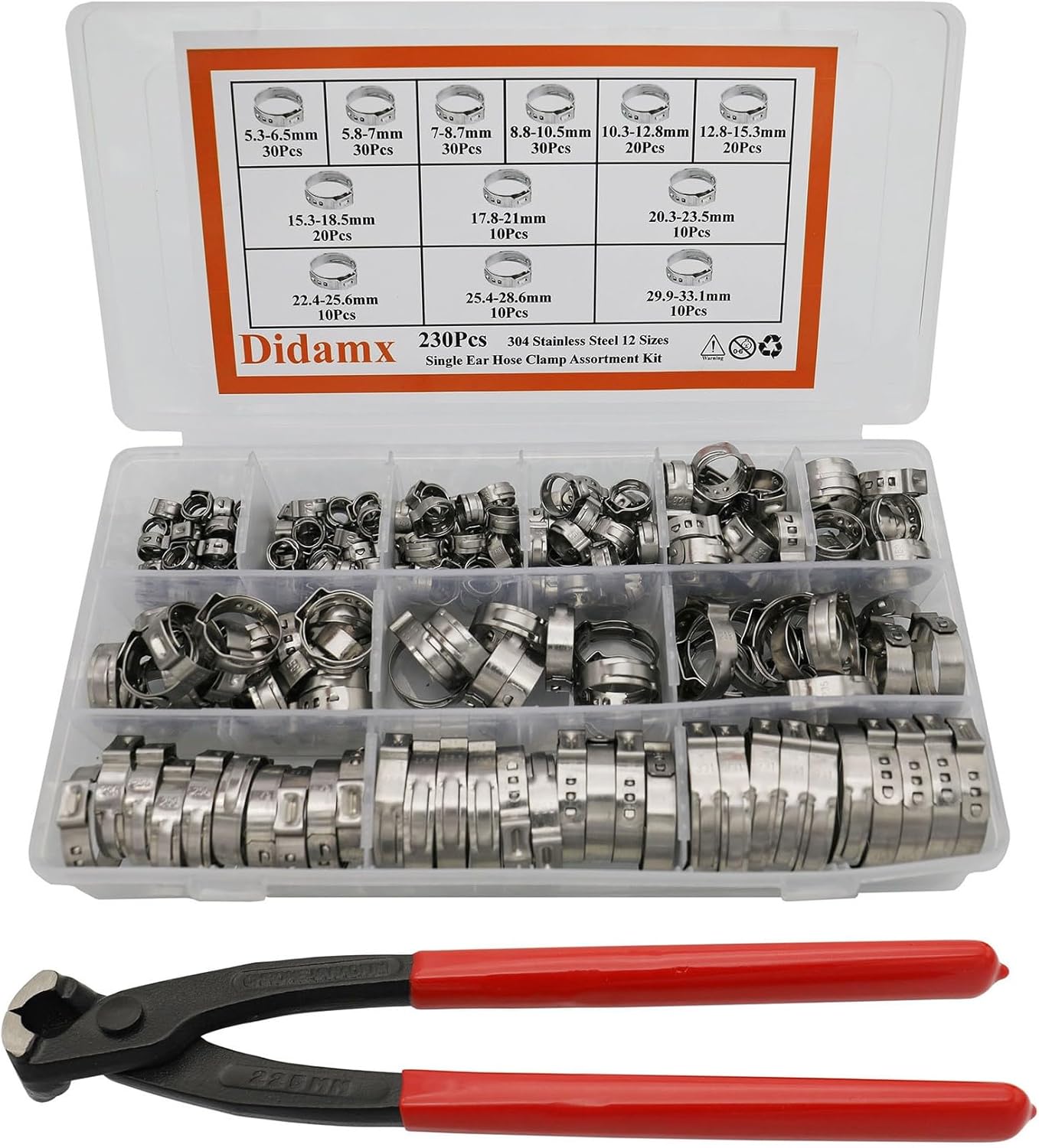 230Pcs Single Ear Hose Clamps with Ear Clamp Pincer Crimper Tool, 304 Stainless Steel 12 Sizes 5.3-33.1mm Clamps Crimp Pinch Fitting Tools Kit for Securing Pipe Hose