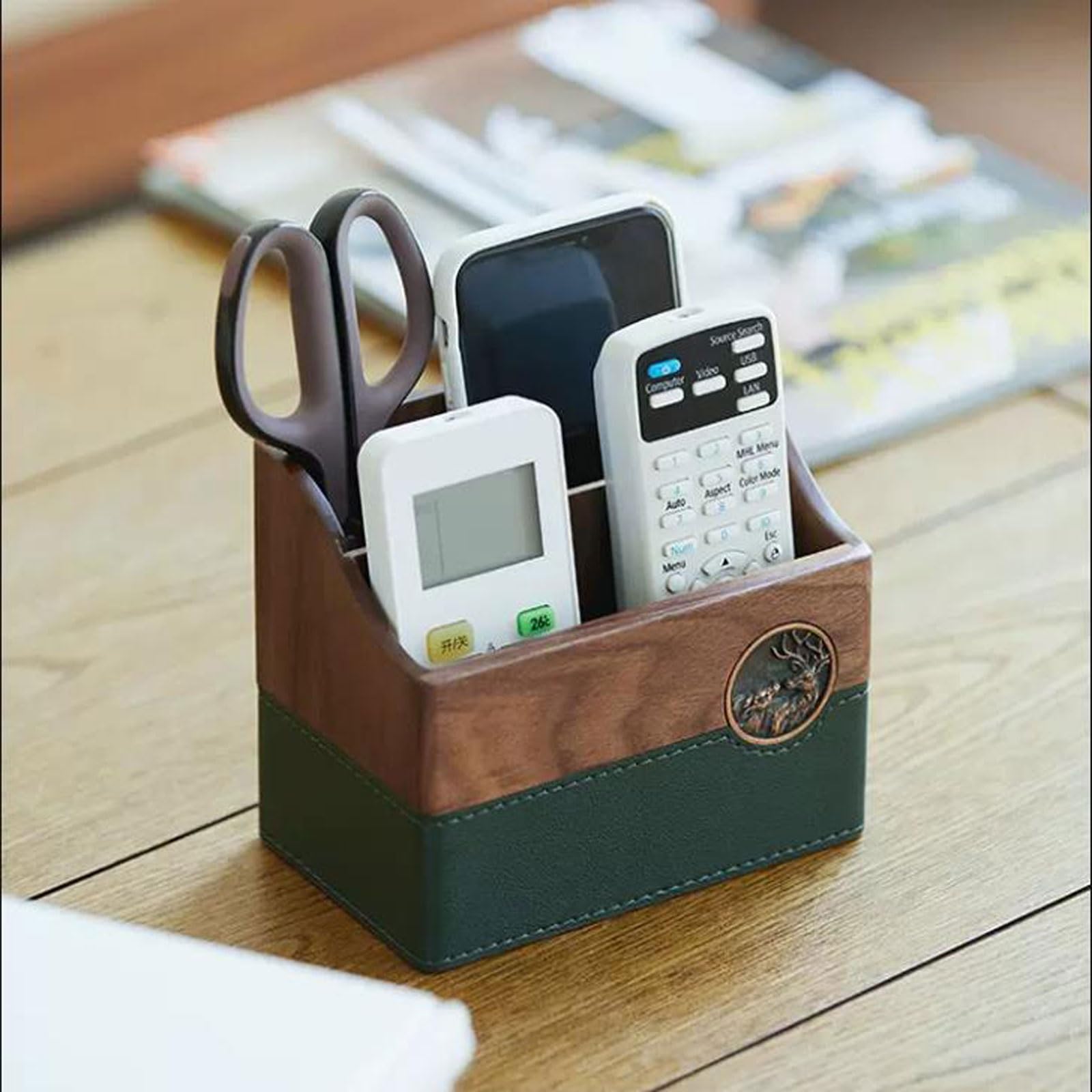Porta Telecomandi Scatola porta telecomando con 2 scomparti, portaoggetti multifunzionale in legno massello for scrivania da ufficio, organizer for TV, for lettore multimediale, pennello, matita, bicc