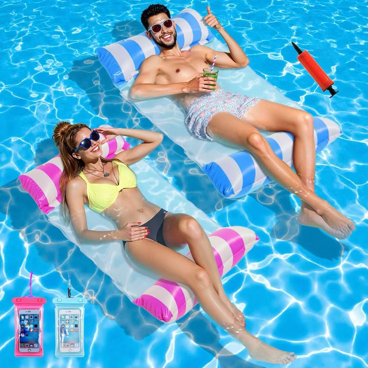 Pack De 2 Hamacas De Agua Inflables 4 En 1 Con Bomba Y Funda Impermeable – Colchoneta De Piscina Para Adultos, Aguantan Hasta 200 Kg