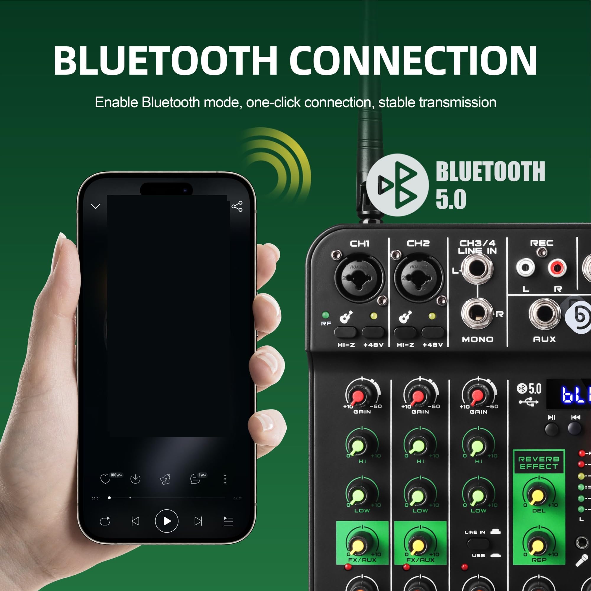 Mikser DJ-ski, 4-kanałowy mikser UHF Mikrofon bezprzewodowy Inteace Konsola miksująca Nagrywanie Bluetooth