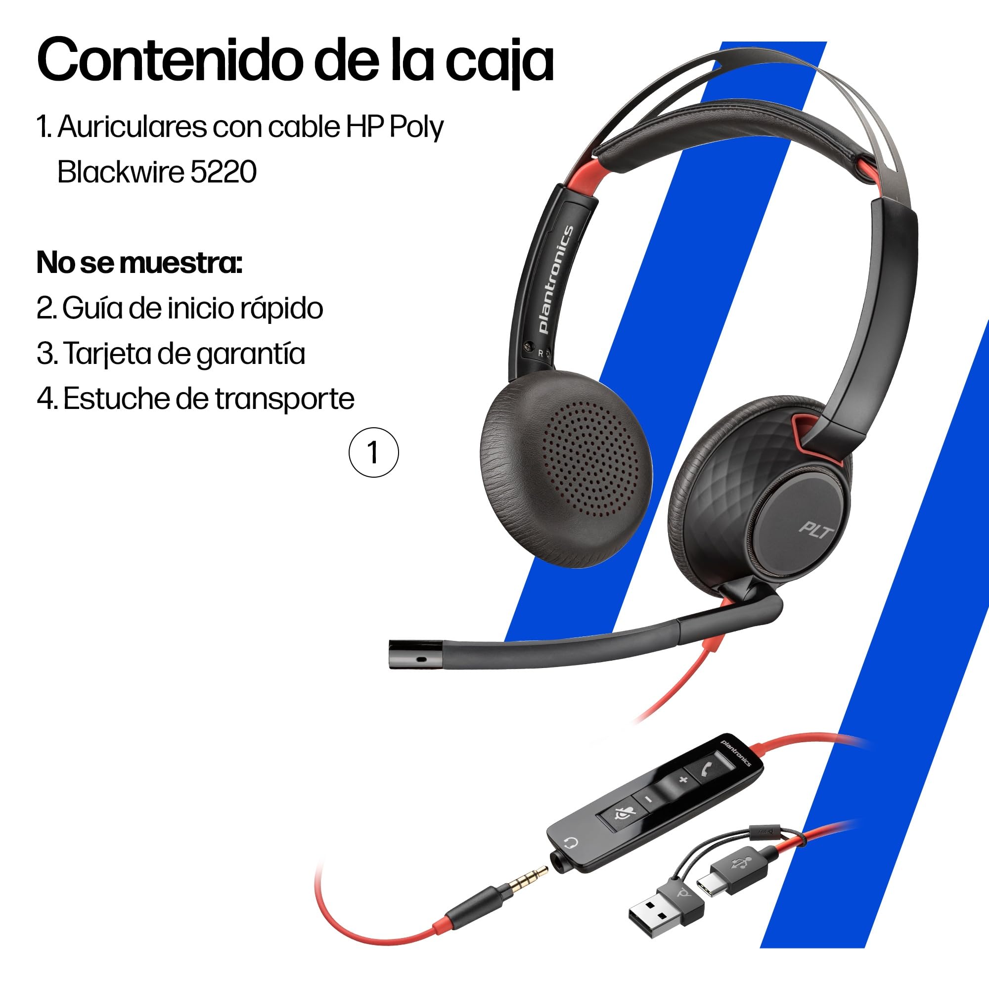 Auricular Poly Blackwire 5220 con cable - Micrófono de brazo flexible con cancelación de ruido - Diseño ergonómico - Conexión a PC/Mac o teléfono móvil mediante USB-C, USB-A o conector de 3,5 mm