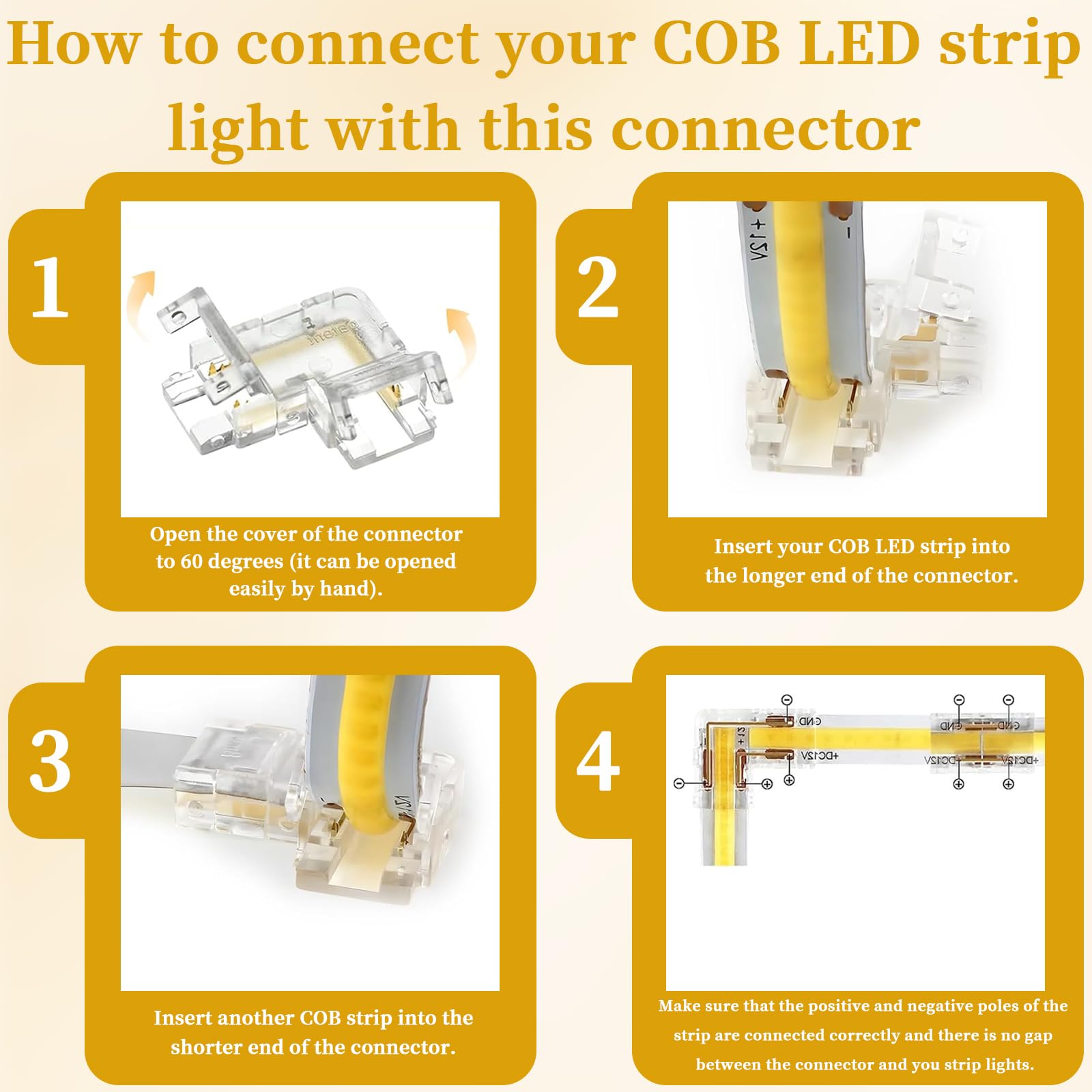 ChAusa 12 Pcs 2 Pin 10mm COB LED Connectors Gapless Solderless Clear Connector Strip to Strip×4 L-Shape Corner Connectors×8 for 10mm COB LED Light Strip - Image 4