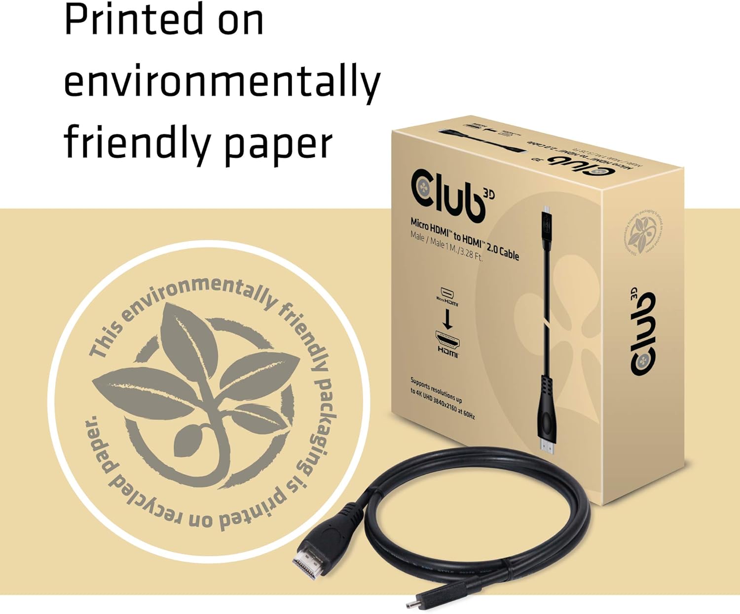 Club3D CAC-1351 Micro HDMI to HDMI 2.0 4K60Hz Cable 1m/3.28' Male/Male