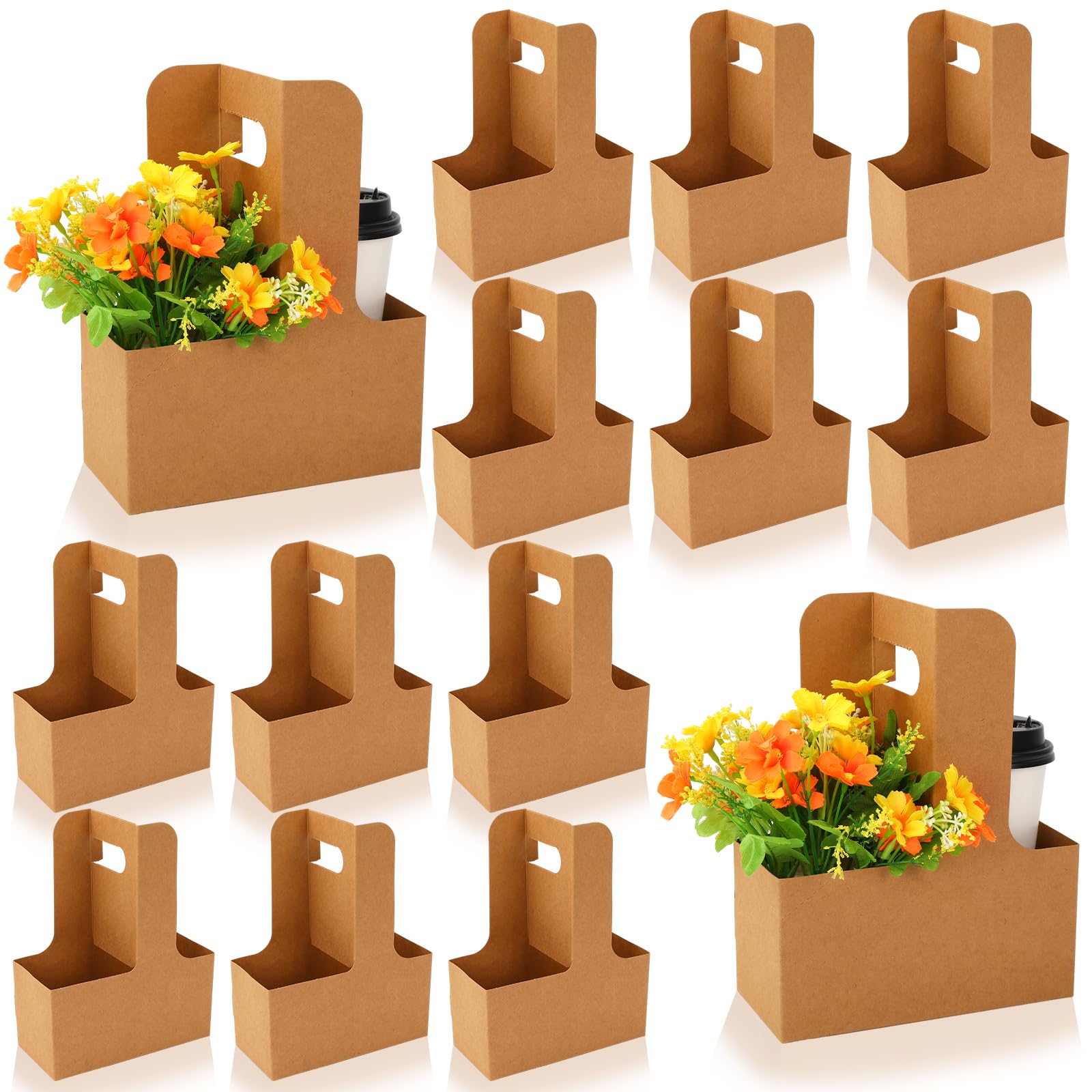 FYSUIMU 30Pcs Kraft Flower Gift Bags Drink Carrier with Handle to 2 Cup Floral Wrap Packing Box Paper Holder Baskets for Wedding Birthday Baby Shower