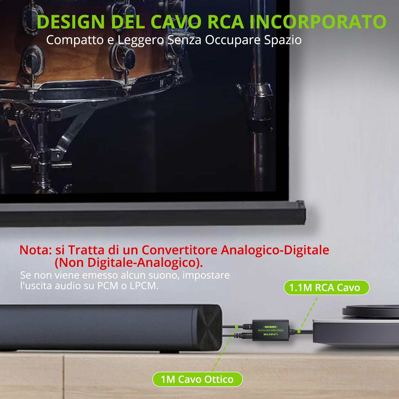 LiNKFOR Convertitore Audio RCA-SPDIF con Cavo da 1m, Adattatore Ottico Analogico-Digitale per HDTV