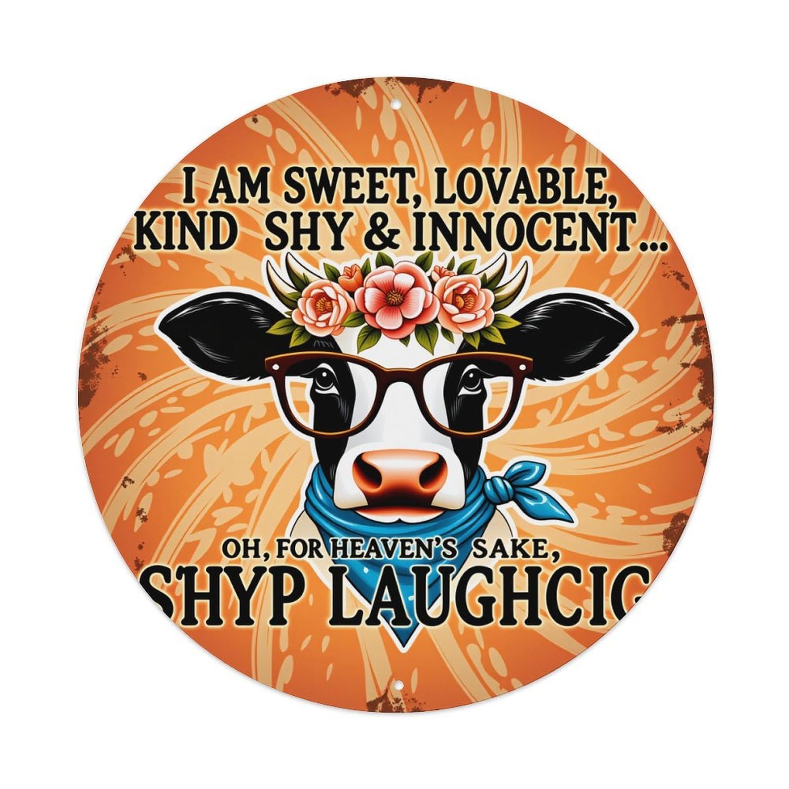 Cow With Glasses And Flowers Round Tin Sign Vintage Style Metal Sign Home Bar Garden Wall Plaque Decor Metal Poster 8x8 Inch