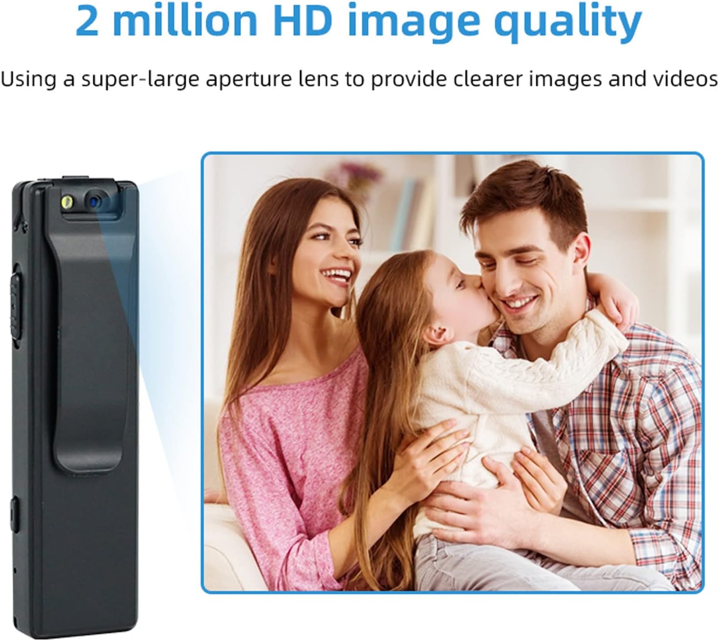 Shanrya Mini Pocket Video Recorder next to a family photo, illustrating its 2 million HD image quality for clear video and photos.