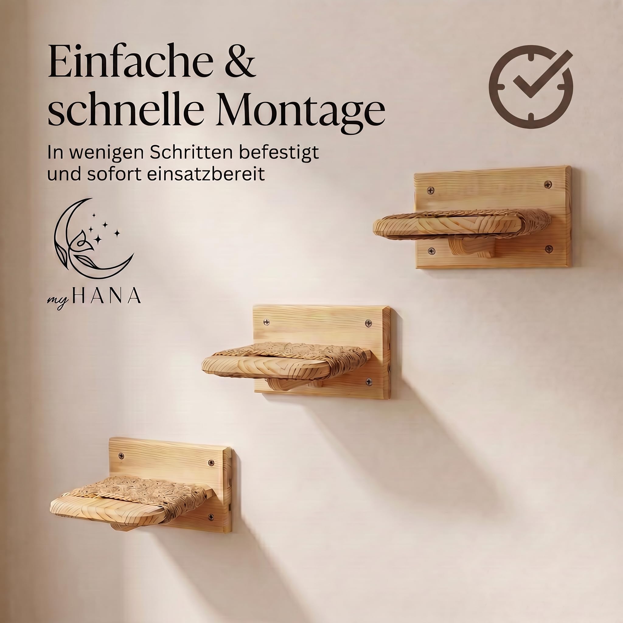 Katzen Wandtreppe aus Massivholz – 3er Set Kletterstufen für Katzen mit Juteseil – Katze Wandmöbel aus Kiefernholz – einfache & schnelle Montage – Kletterhilfe & Katzenwand