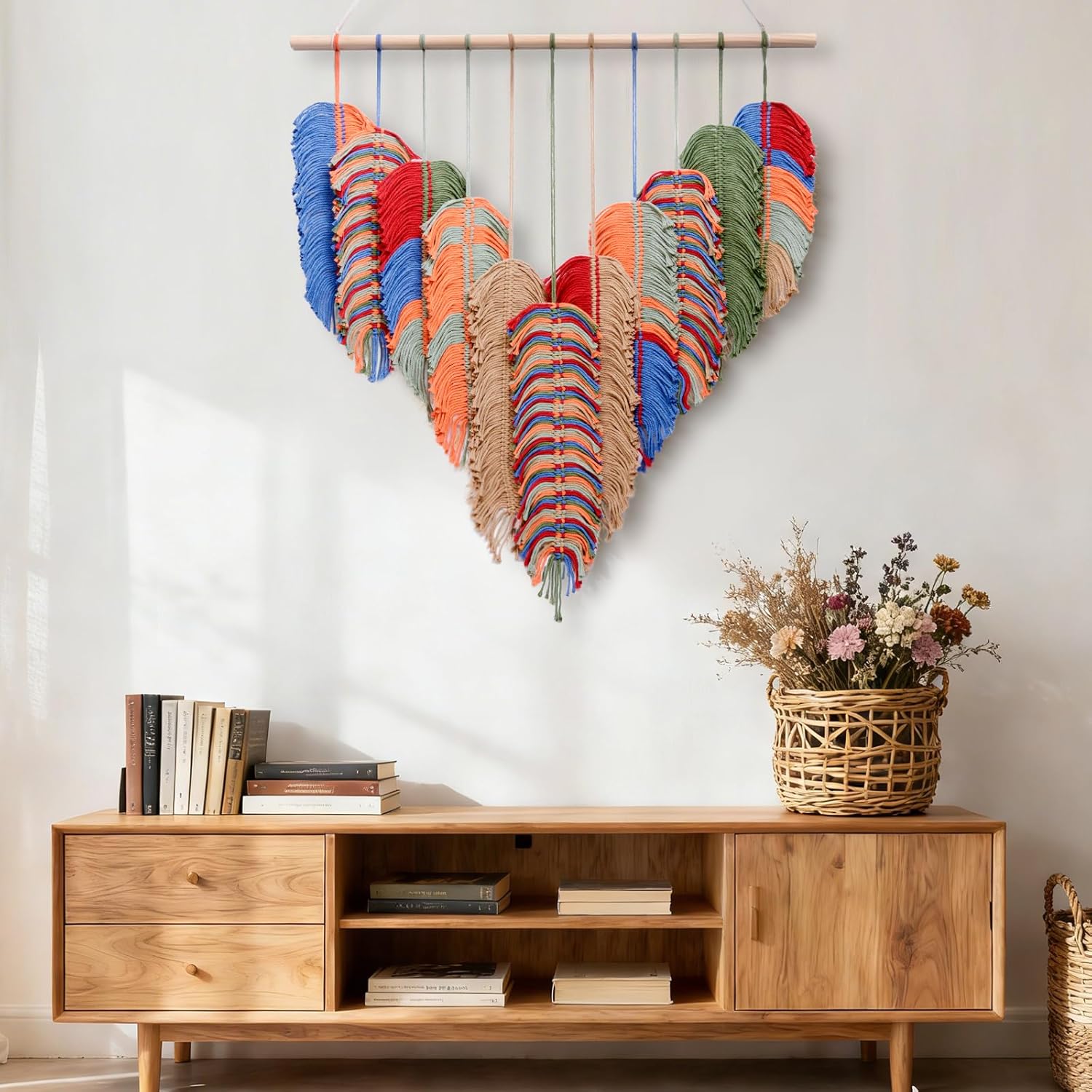 Large Macrame Wall Hanging - 31" X 36" Boho Colorful Tapestry Handmade Woven, Moroccan Style Heart-Shaped Wall Tassel Vintage Tapestries Hangings for Bedroom, Red Orange Blue Bohemian Wall Decor