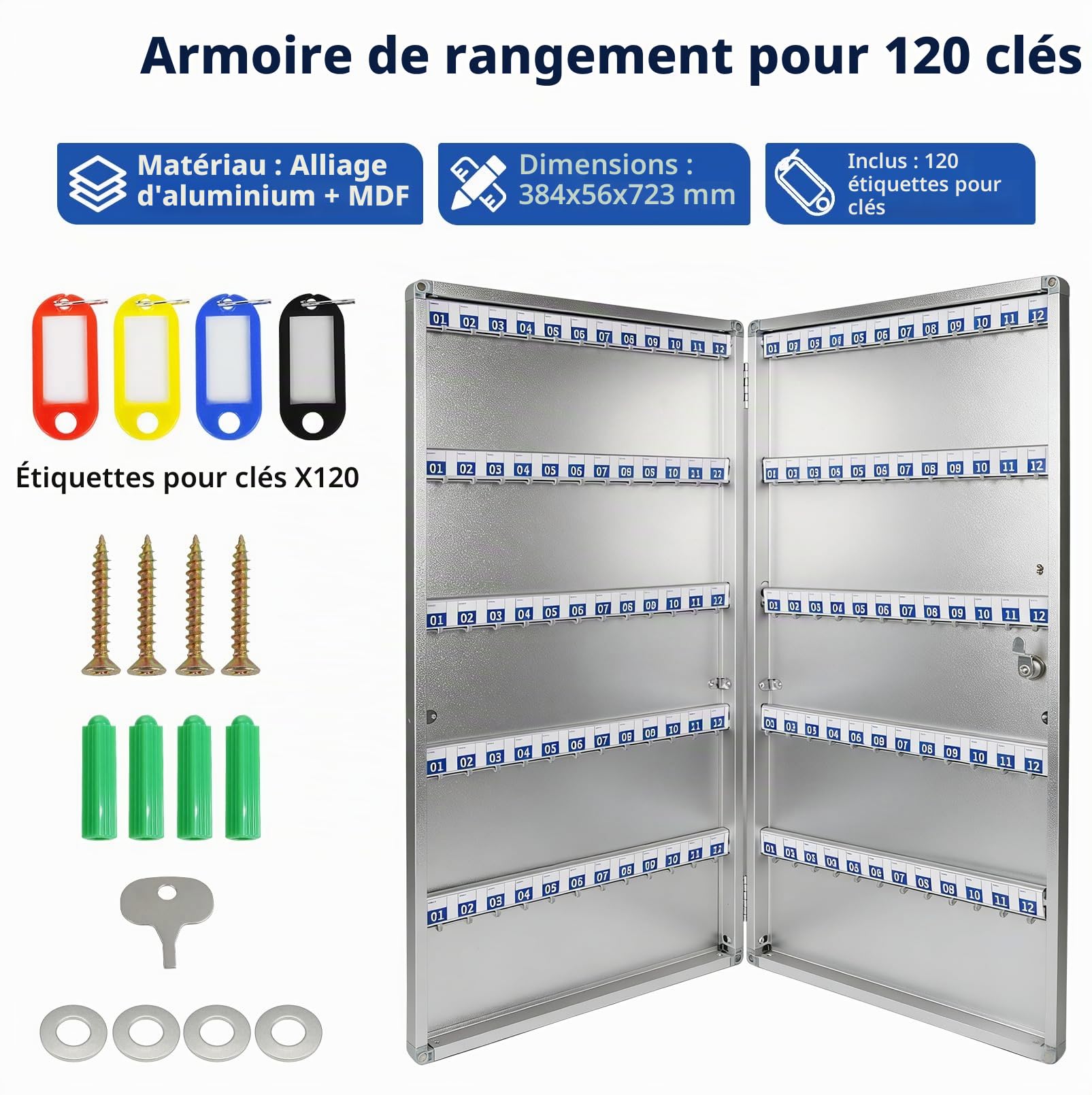 JAOGAUS Boîte à Clés avec Code pour 120 Clés, Armoire à Clés Murale | en Alliage d’Aluminium, Coffret de Rangement avec 120 Porte-Clés, Grand Coffre à Clés pour Bureau, Hôtel