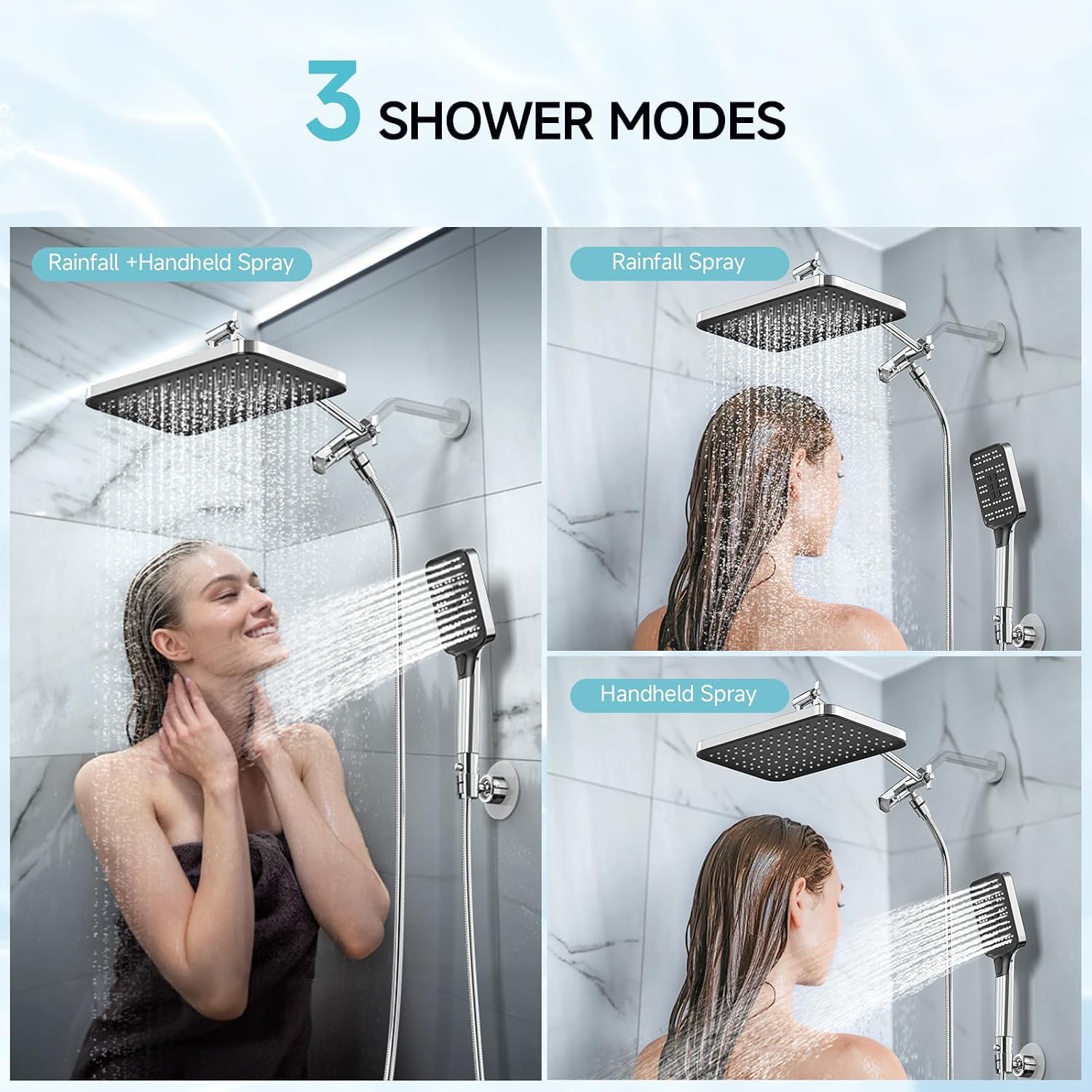 High Pressure Rain Shower Head with Handheld Spray Combo Set, Adjustable 12" Rainfall Dual Shower Head, Double&Tandem Shower Head, Waterfall Showerhead Bathroom -Silver Chrome 2