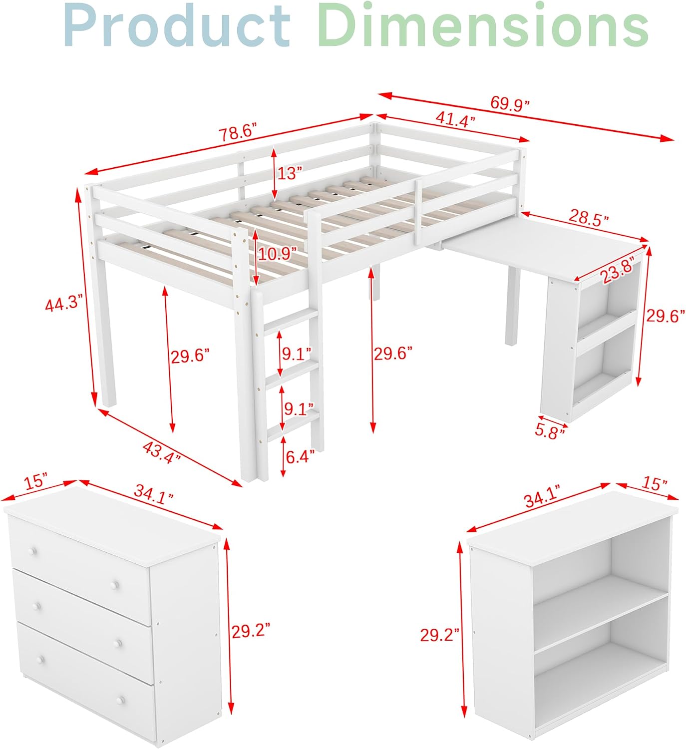 Low Loft Bed with Storage & Rolling Out Desk, Kids Twin Size Loft Beds with Bookcase & Drawers, Rubber Wood Junior Lofts Bed with Dresser/Shelves/Ladder/Guardrails for Boys Girls Teens, White