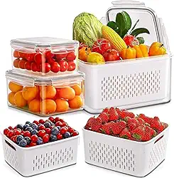 Kit 3 Potes Herméticos Organizadores de Geladeira Armazenamento de Alimentos 850/1750/3300ml Com Cesto de Drenagem