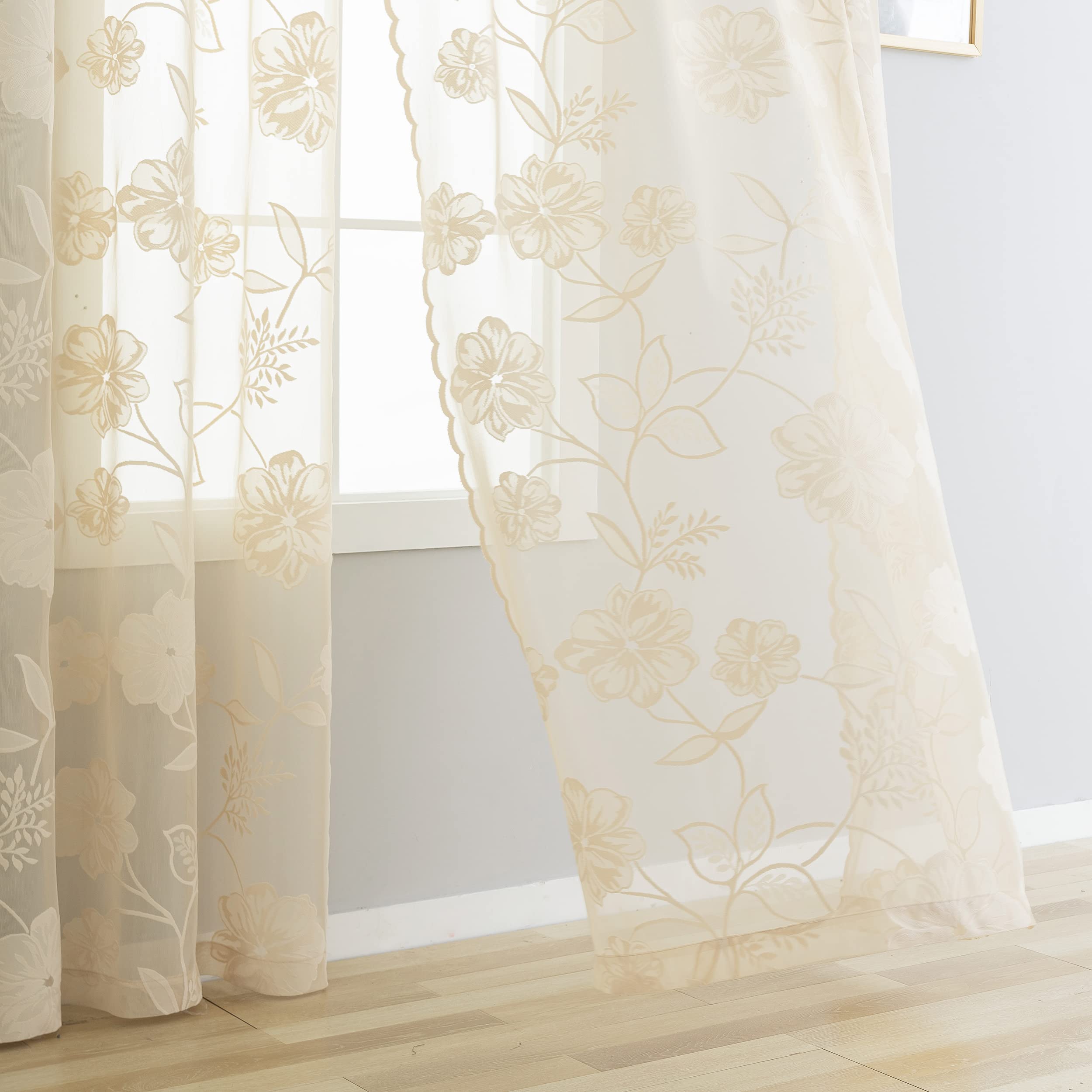 Tende beige semitrasparenti con pizzo per camera da letto, 228,6 cm di lunghezza, stile country chic, motivo floreale di rose, ricamate, trasparenti, tende per soggiorno, finestre a foglia, tende con