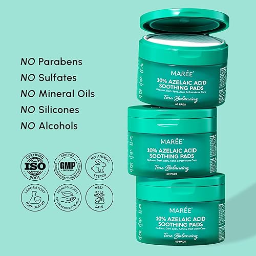 Miniatura 7 de MAREE Almohadillas de ácido azelaico para aclarar el acné  Almohadillas exfoliantes con ácido glicólico y ácido hialurónico para la cara