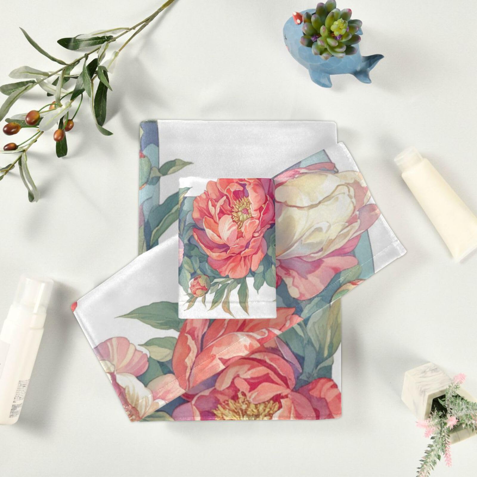 Floralmorphic - Set di 3 asciugamani per la pulizia del viso con lettera P e peonia rossa, stile acquerello, 1 asciugamano da bagno, 1 asciugamano per viso, corpo e bagno