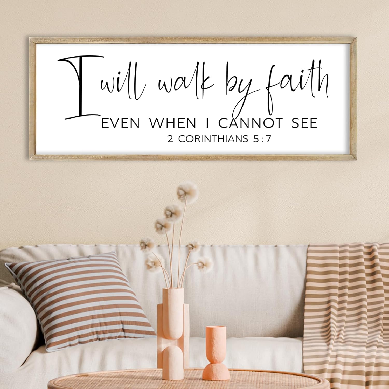 FZMHASLWW I Will Walk By Faith wall Decor 2 Corinthians 5:7 Faith Scripture Sign 32''×12'' Wall Art Hanging (Wood)