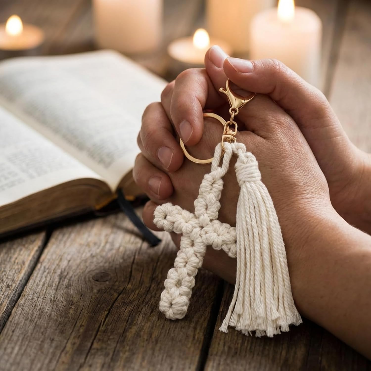 Nosiny Christian Keychain Bulk white Macrame Knitted Cross Keychain Decor Cotton Braided Pendant for Easter Christian Gifts