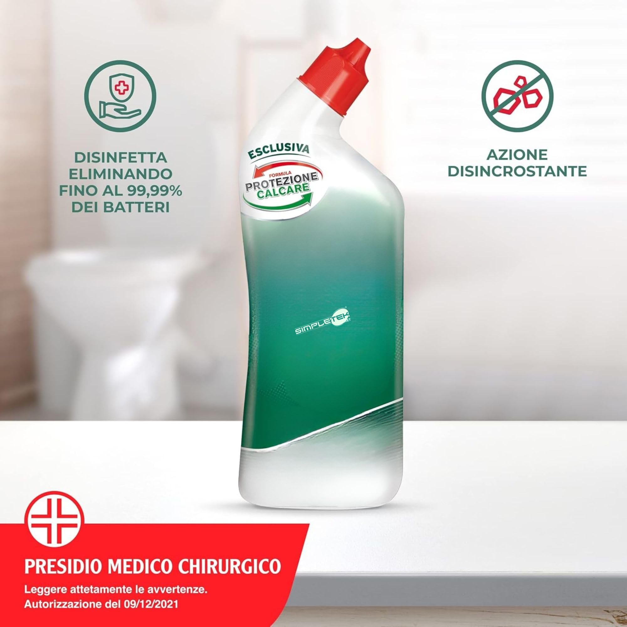 SIMPLETEK - Disinfettante Disincrostante Gel Bagno 12x 700ml | Elimina 100% Calcare, Germi e Batteri | Eco-Flacone [12 pezzi]