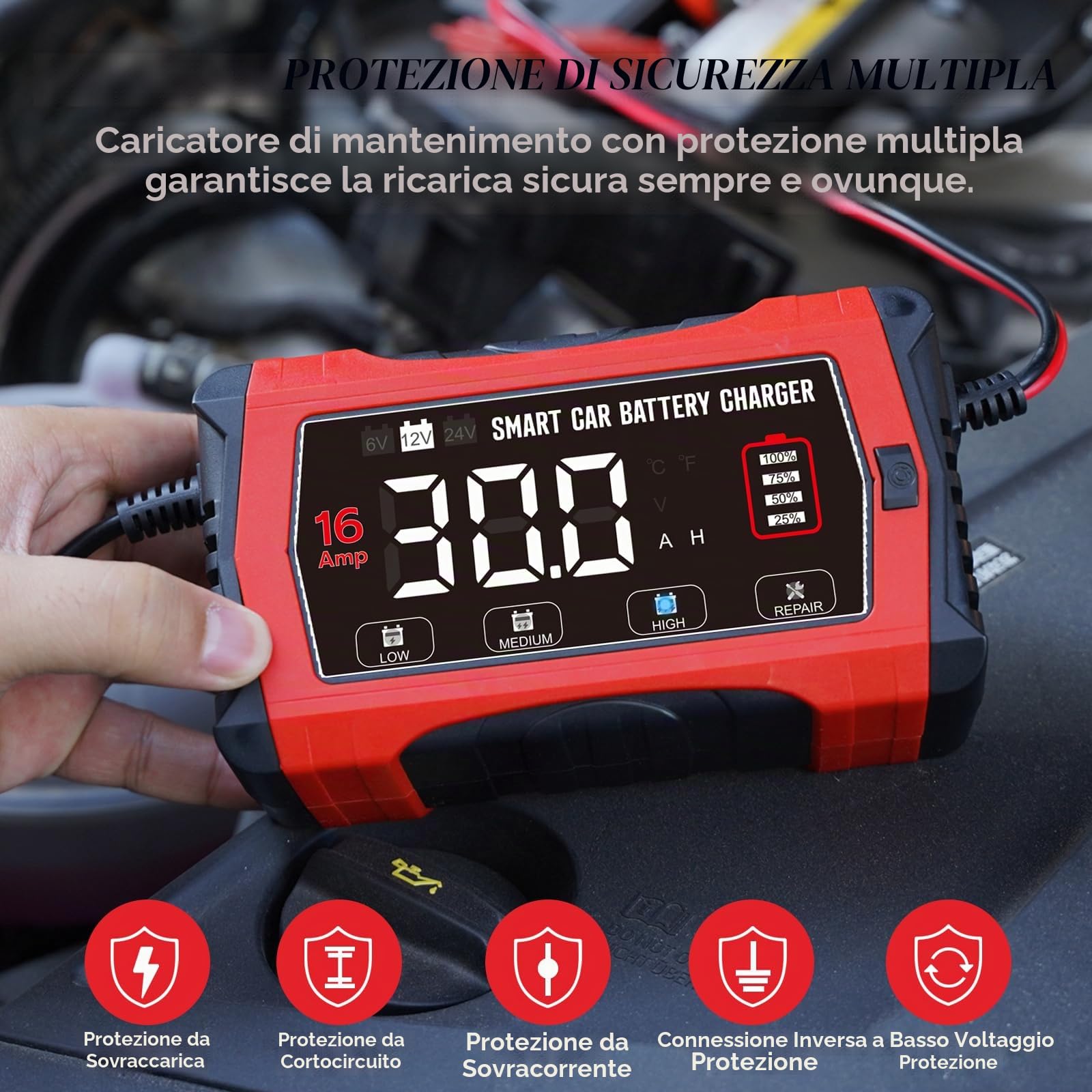 LiFePO4 - Caricabatteria da auto da 16 A, 6 V/12 V/24 V, con display LCD, compensazione della temperatura, modalità di riparazione per batterie auto, auto, barche