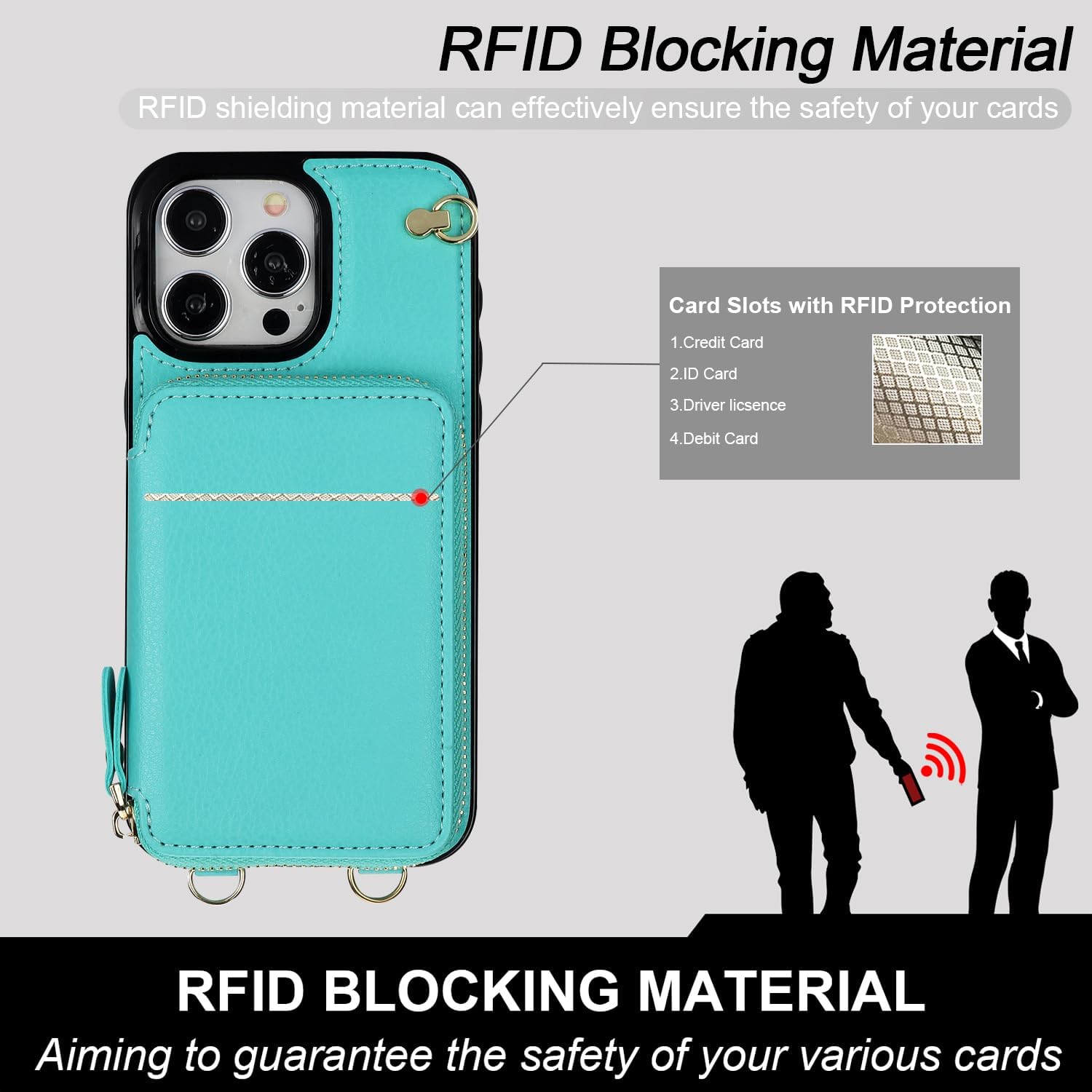 Bocasal Crossbody Wallet Case for iPhone 15 Pro Max, RFID Blocking Leather Purse Case with Card Holder, Protective Handbag Flip Cover with Zipper Wrist Strap Lanyard for Women 5G 6.7 Inch (Mint Green)