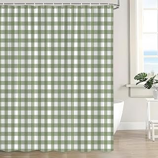 Green White Plaid Shower Curtain Buffalo Check Classic Gingham Farmhouse Checkered Vintage Grid Minimalist Simple Modern Bath Decor Curtain with Hooks