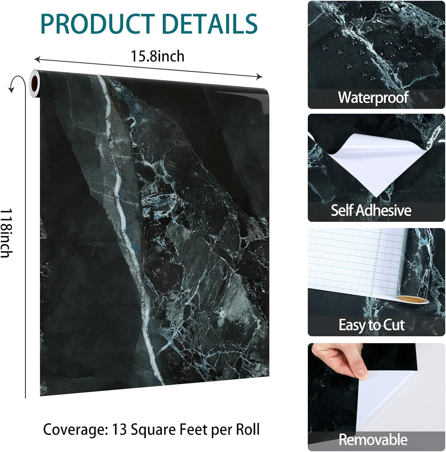 VaryStyle 15.7"x118" Black Green Marble Contact Paper for Countertops Waterproof Bathroom Vinyl Wrap Counter Top Covers Removable Thick Marble Wallpaper Dark Granite Contact Paper for Kitchen Cabinets