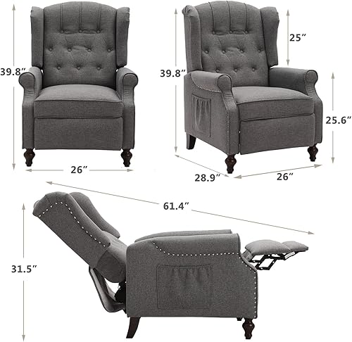 Miniatura 3 de IPKIG Silla reclinable con calefacción y masaje, diseño copetudo con respaldo de alas, silla reclinable con bolsillos laterales para sala de estar,