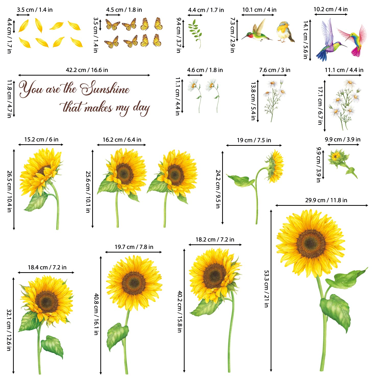 Adesivi Murali Girasole E Farfalle - Decorazione Parete Per Camera Bambini, Soggiorno, 4 Pezzi 29x25 Cm - Foto 6