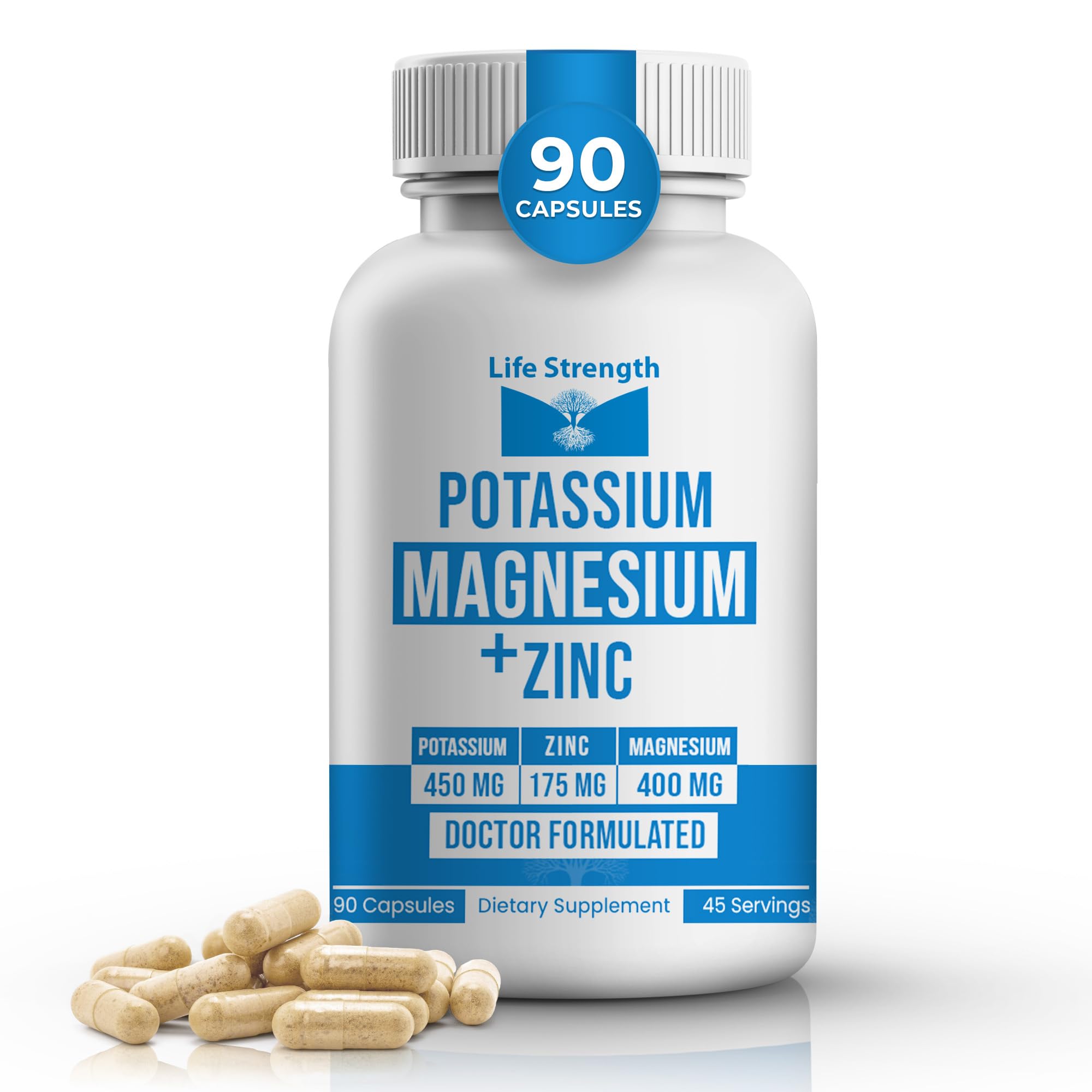 Life Strength, Potassium Magnesium Supplement w/Zinc 1025mg – 90 Capsules – Magnesium Potassium Zinc for Leg Cramps, Muscle Recovery & Bone Health Support – Electrolyte Formula – Non-GMO,Gluten Free