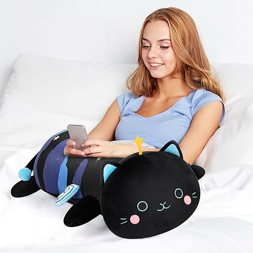 Miniatura 2 de Almohada corporal de felpa de gato negro, almohada esponjosa de animales de peluche de gato negro de 25 pulgadas, bonita almohada de peluche para